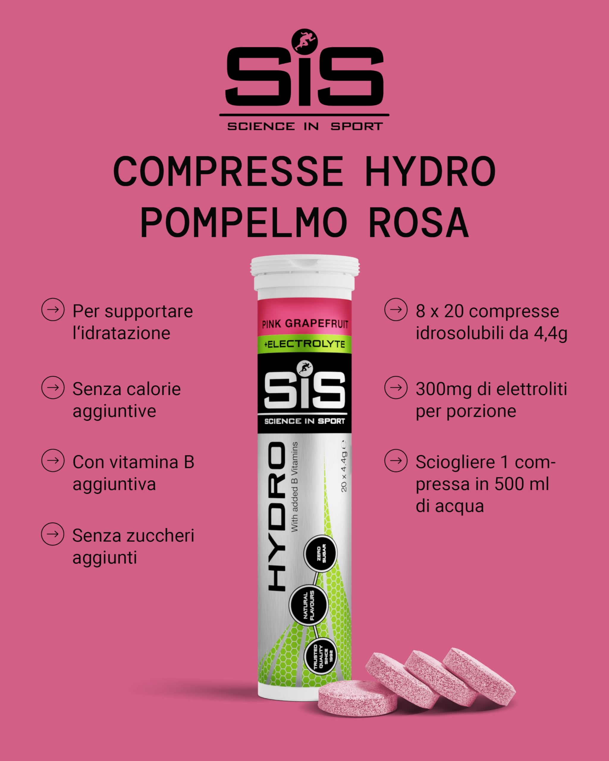 Science in Sport HYDRO Compresse 160pz. Pompelmo rosa - Elettroliti in compresse effervescenti, Vegan e, Stimolano l’idratazione (La confezione può variare)
