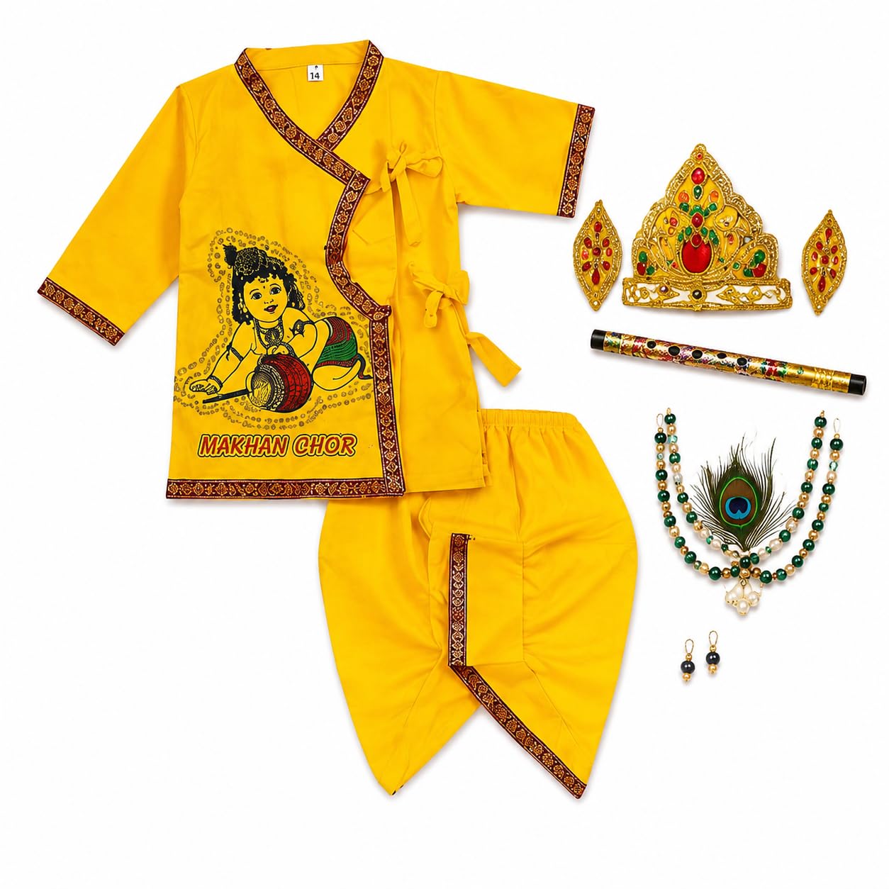 Kid's Cotton Yellow Krishna Style Kurta & Dhoti Dress Set (Pack of 5) ? Kurta, Dhoti, Bansuri, Mukut & Patka | Janmashtami Krishna Costume Dress for Boys & Girls