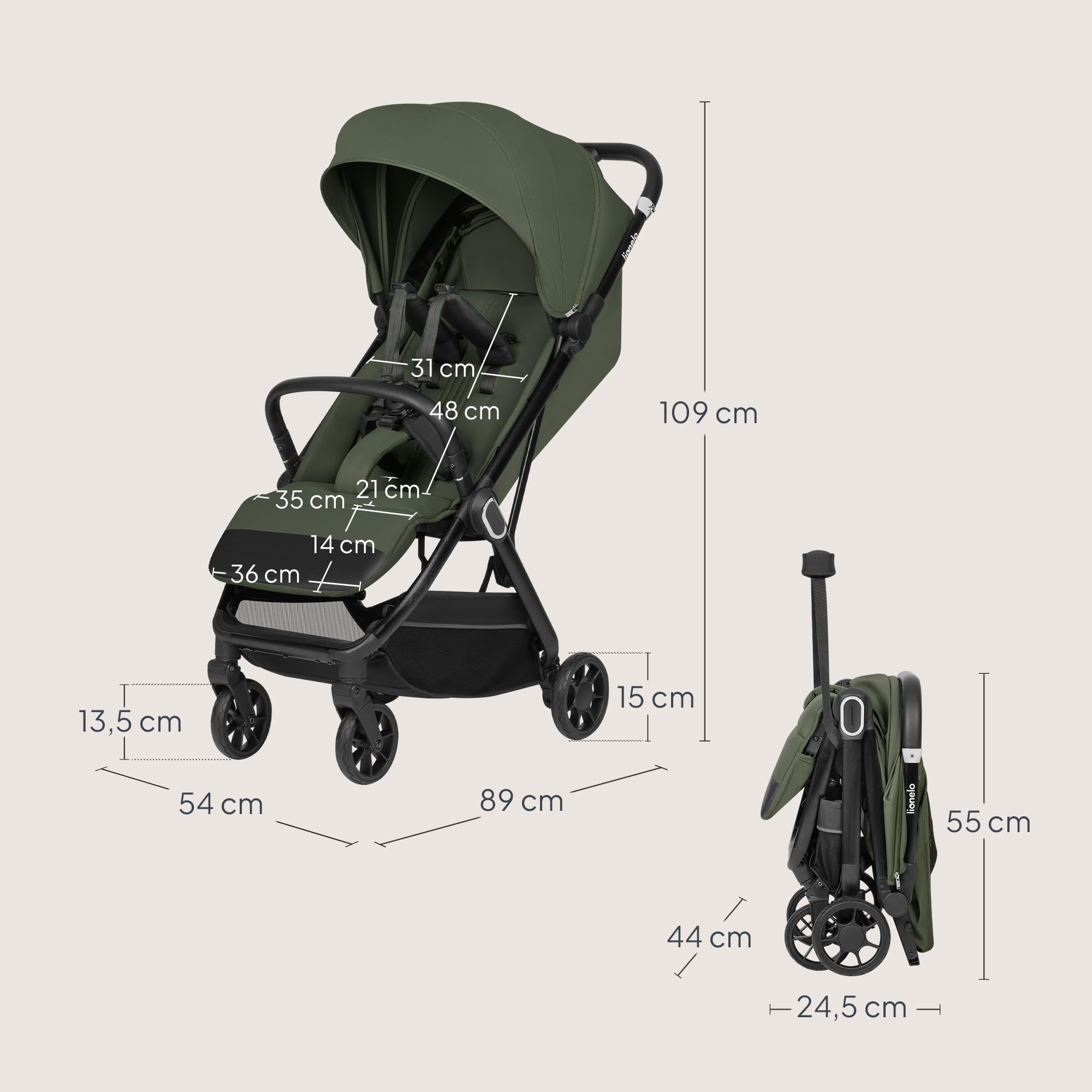 LIONELO Poussette Bébé Bess jusqu'à 22 kg de 6 mois à 4 ans Roues Pivotantes en PU 360 ° Pliage avec Une Main, Dossier Réglable, Canopy Imperméable Poids Léger 7,5 kg, Panier à Courses (Green)