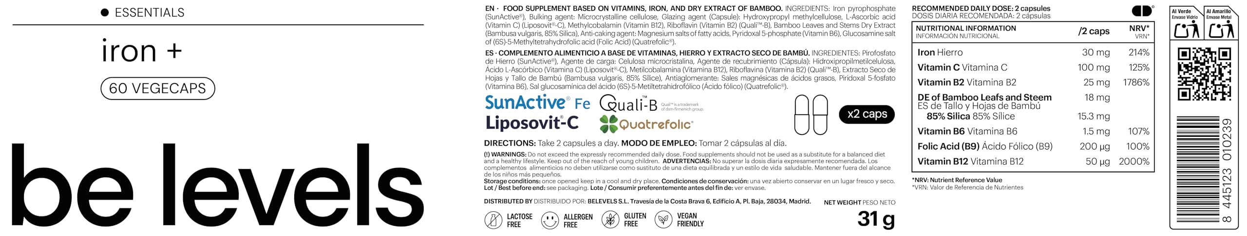 Hierro Alta Absorción con Vitamina C y Vitaminas B 30 mg Hierro Endosomal (SunActive®) + B12 + B6 y Ácido Fólico Alta Tolerancia Digestiva 60 Cápsulas be levels Iron+