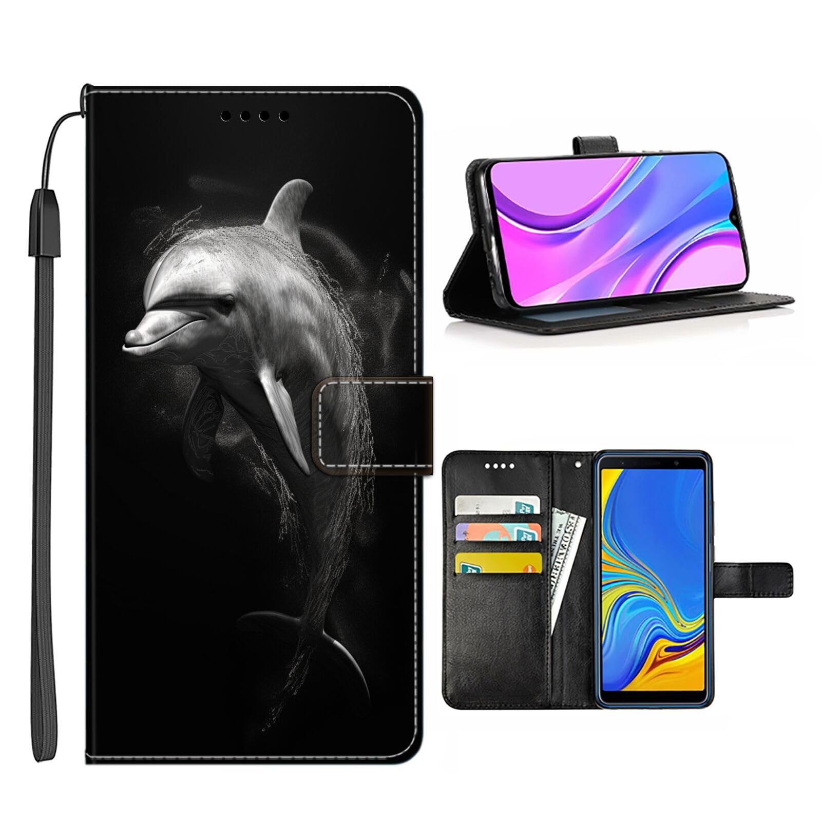 Wallet Phone Case for Google Pixel 5 with Dolphin-aa985 - Stylish and Functional PU Leather-Free Smartphone Case with Card Holder Multicolor