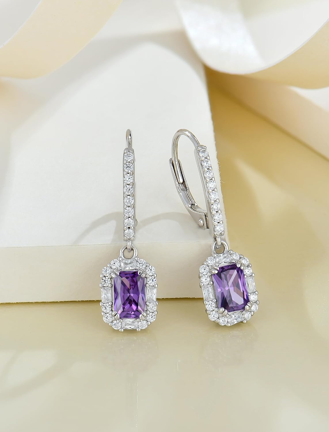 925 Sterling Silver Earrings Square Earrings with Princess Cut Birthstones, Halo Dangle Earrings with Leverback for Women Jewelry Gifts - Image 4