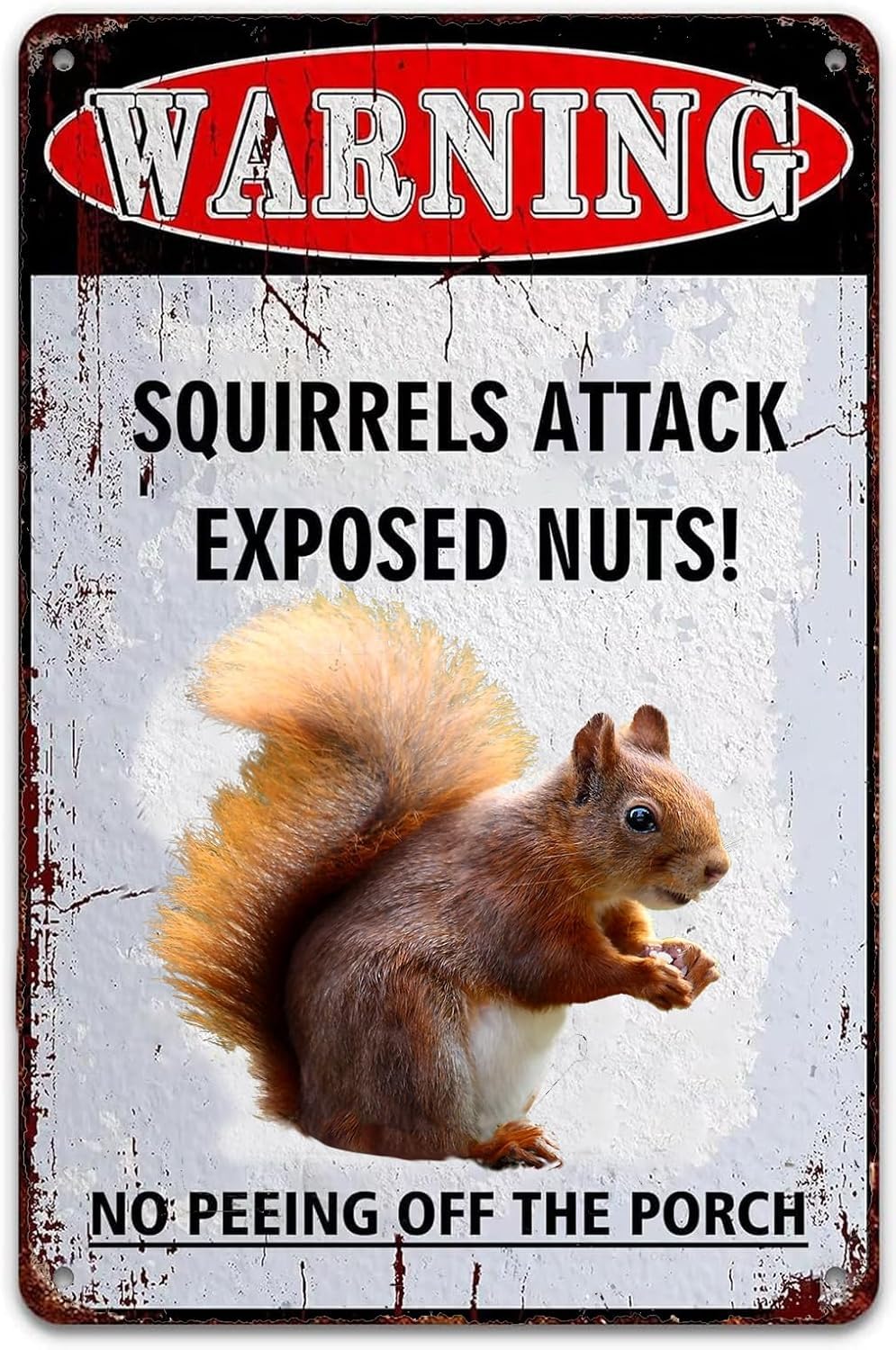 SMAZDFXX Warning Squirrels Attack Exposed Nuts! No Peeing Off The Porch Metal Tin Sign Funny Indoor Outdoor Patio Decor Warning Sign for Deck Backyard Bar Wall Art Poster 12"x16"
