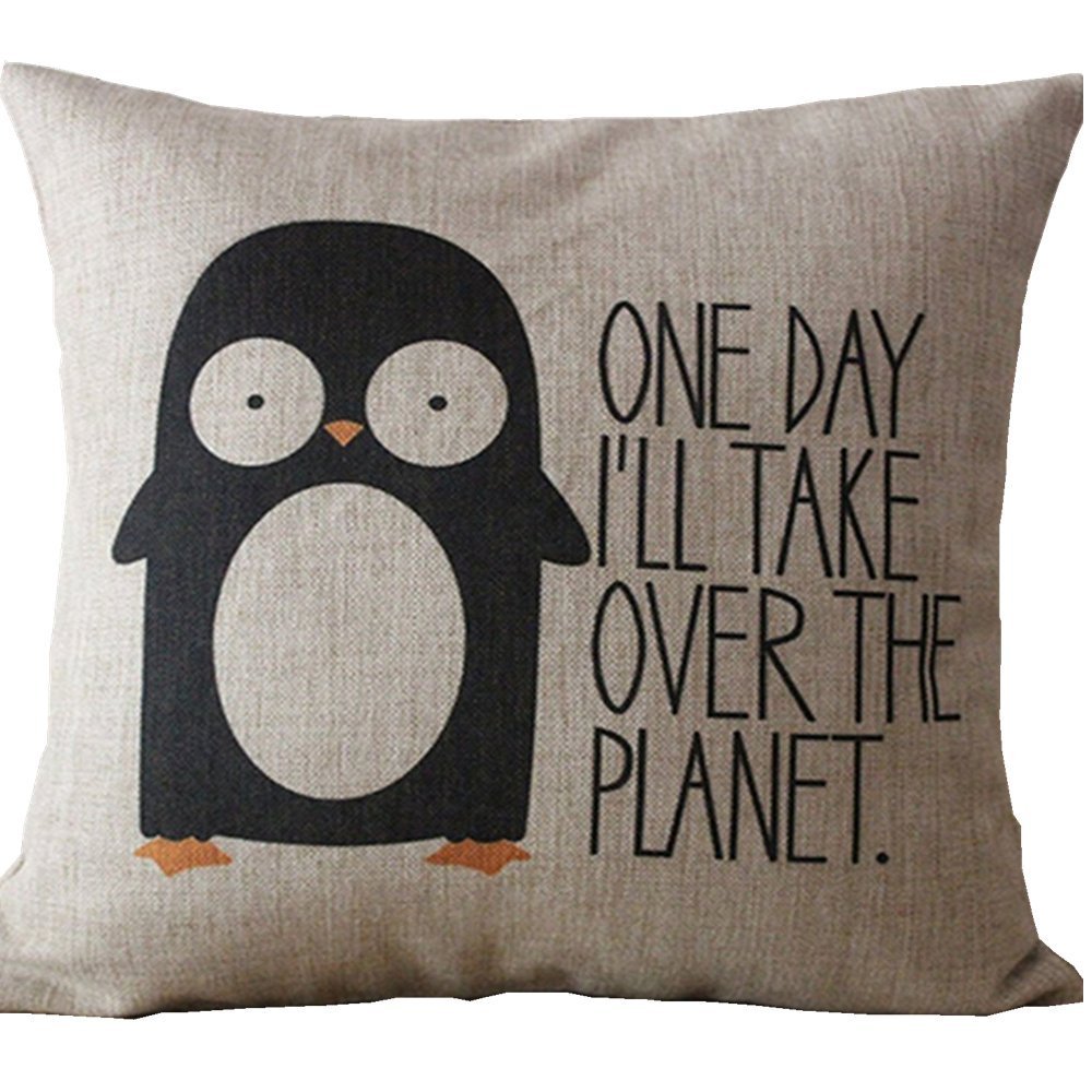 SIXSTARS Decorative Cotton Linen Square Throw Pillow Case Cushion Cover Penguin Saying Pillowcase (16x16inch)