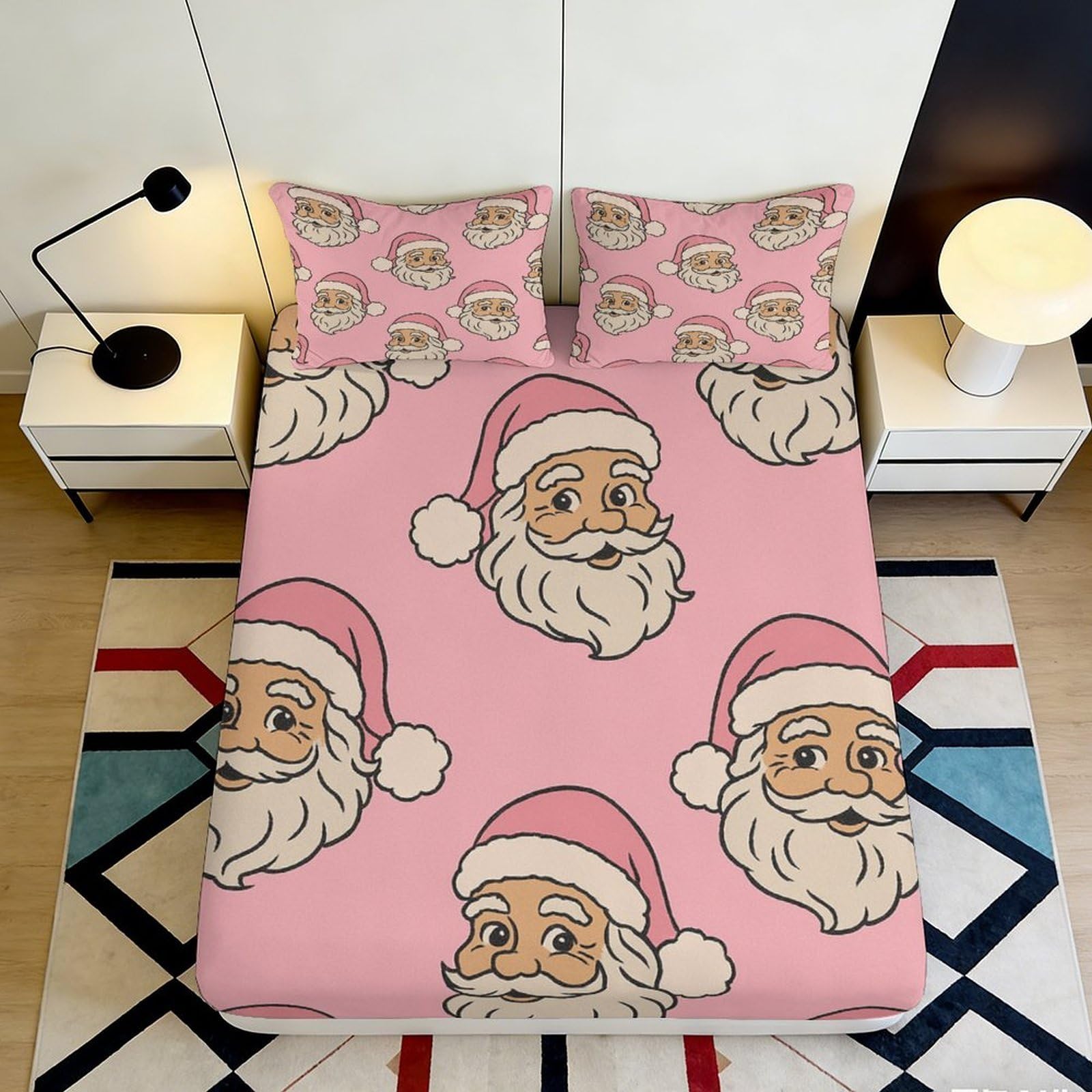 3D Printed Pink Santa Claus Fitted Sheet Microfiber Anti-Slip Mattress Cover for Bedroom Guest Room Easy Care Decorative Bedding 160x200x25cm
