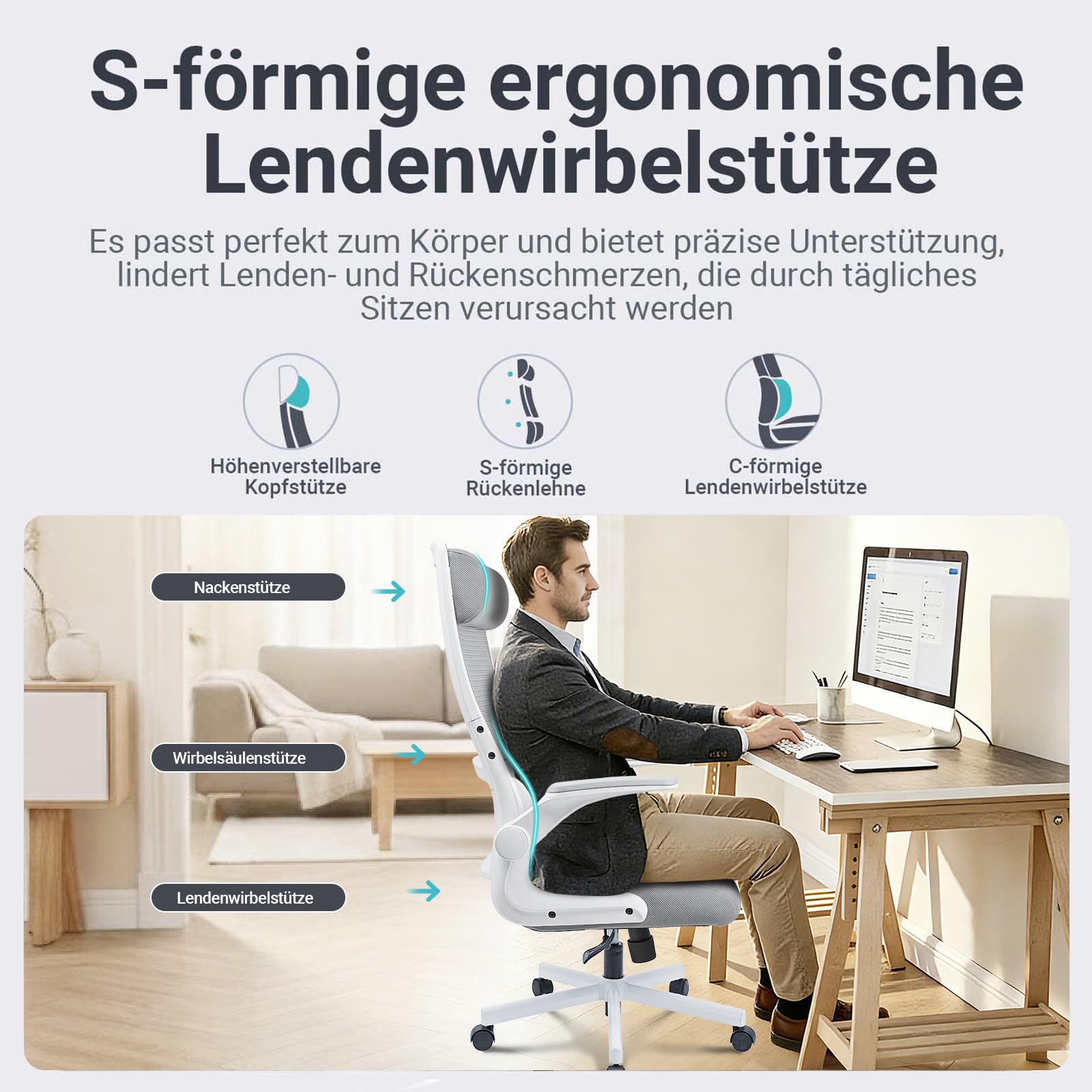 MELOKEA Bürostuhl Ergonomisch mit Verstellbare Kopfstütze, Schreibtischstuhl aus Mesh, Klappbare Armlehnen, Breites Sitzkissen, Wippfunktion, EN 1335 Computerstuhl, Bürostuhl 200 KG, Desk Chair, Grau