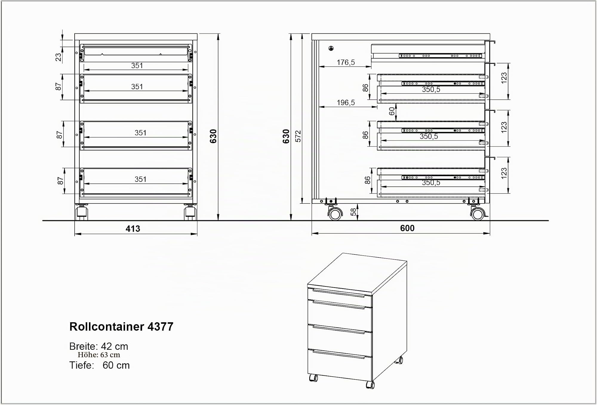 Germania Rollcontainer 4377-69, in Lichtgrau, mit Utensilienfach, 42 x 63 x 60 cm (BxHxT)