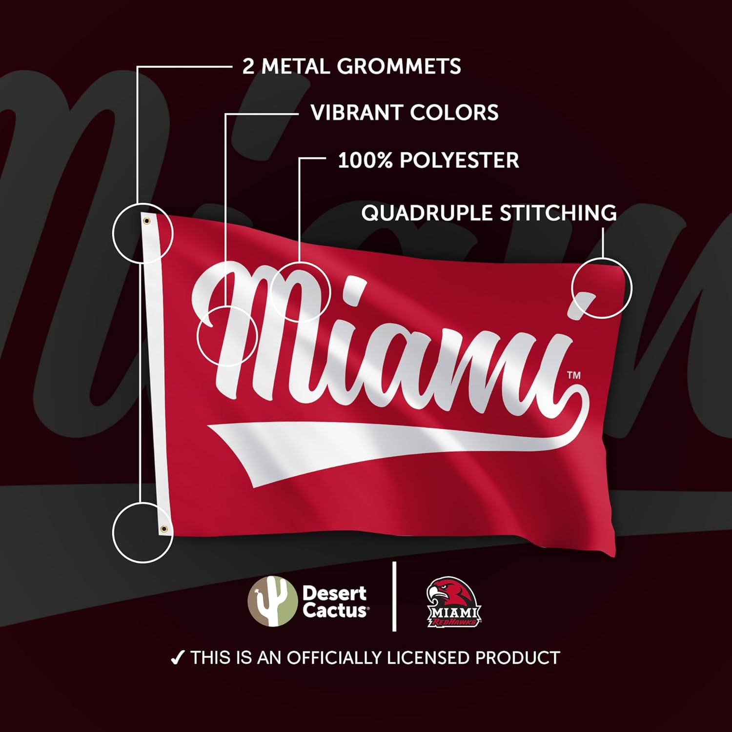Desert Cactus Miami University MUOH Flag - 3 x 5 Feet Redhawks Banner, Indoor/Outdoor Durable Fabric, 100% Polyester Design (Style 7) - Image 4