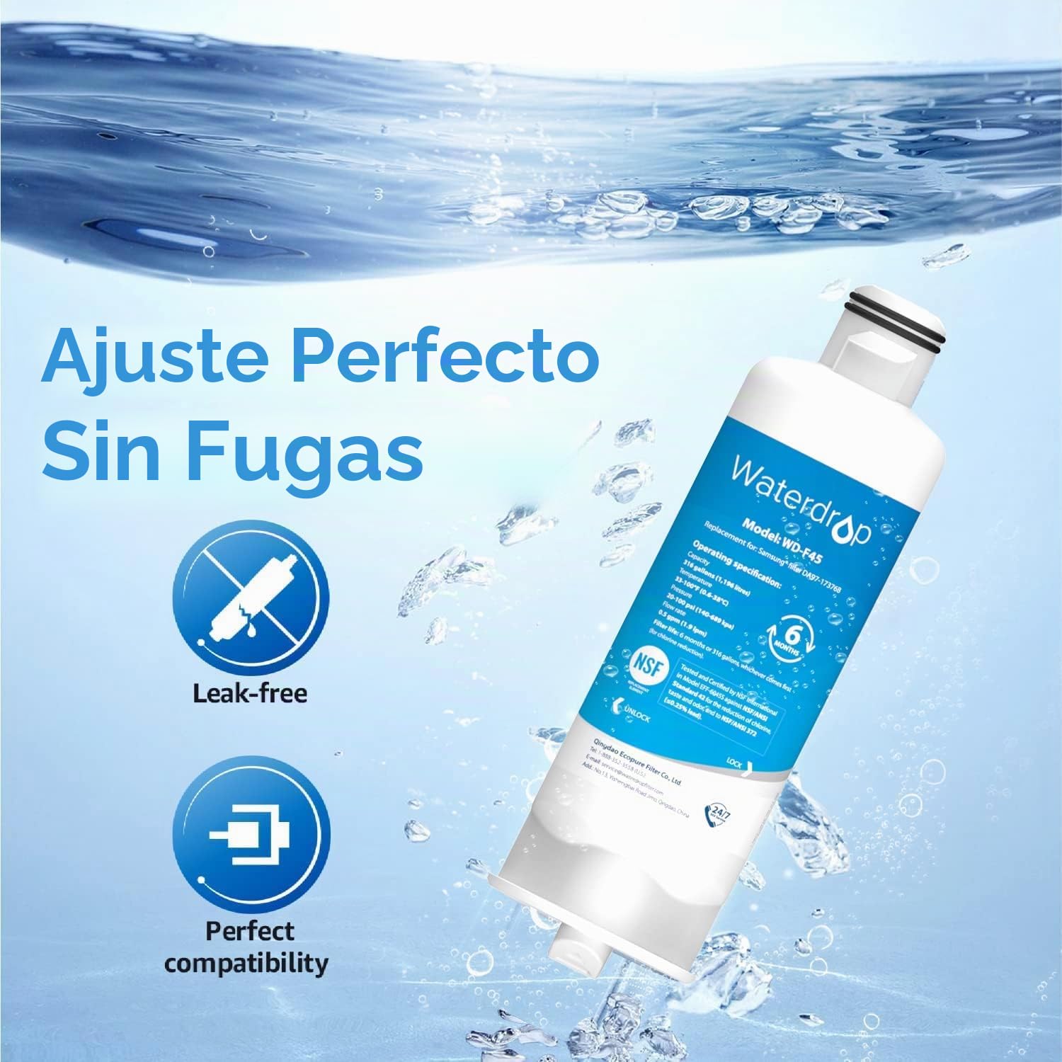 Waterdrop Filtro de Agua para Frigorífico DA97-17376B, Compatible con Samsung® HAF-QIN/EXP, DA97-17376B, HAF-QIN, DA97-08006C, Paquete de 2