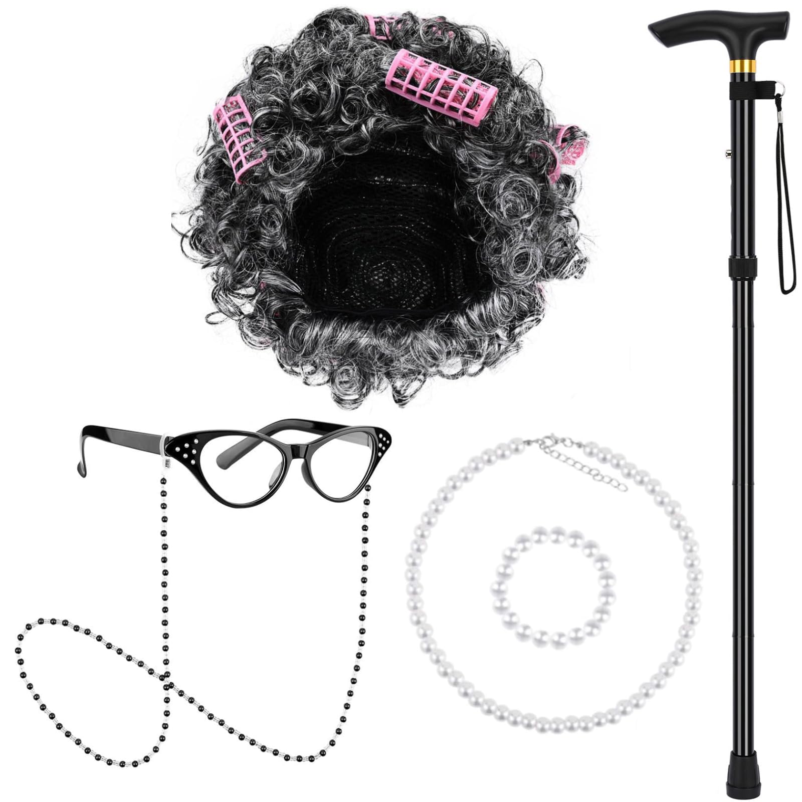 Matiniy Old Lady Costume for Girls,100 Days of School Old Lady Wig Set Include Wig,Glasses,Necklace,Glasses Chain and Cane