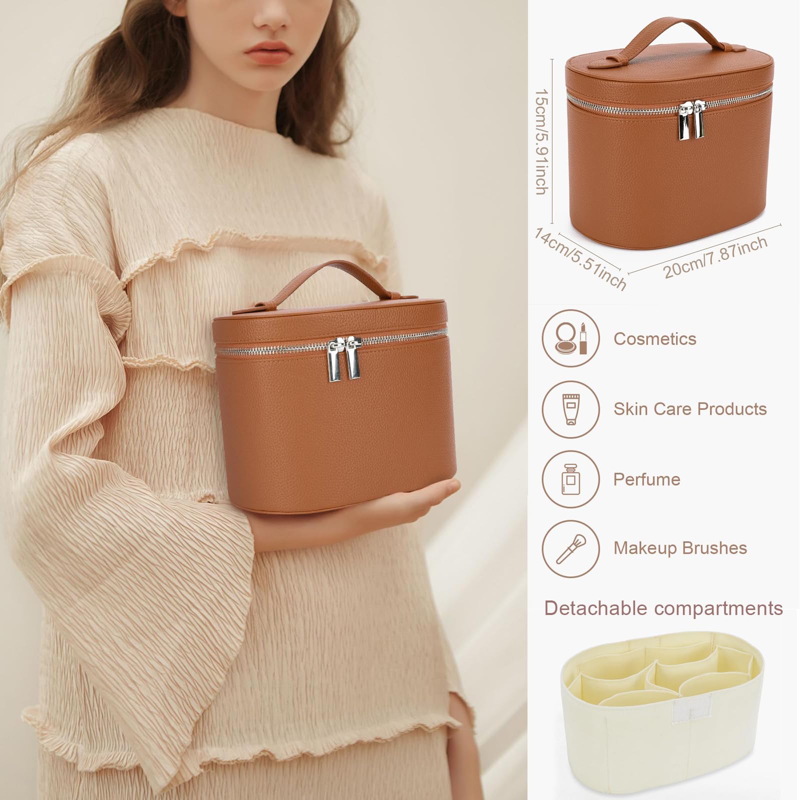 Make-up-Tasche aus Leder mit Fächern – Stehende Reise-Kosmetiktasche für Damen, wasserdichter Schminkkoffer mit abnehmbarer Trennwand, tragbarer Kulturbeutel, gelb, 8.26x6.29x5.9 inches