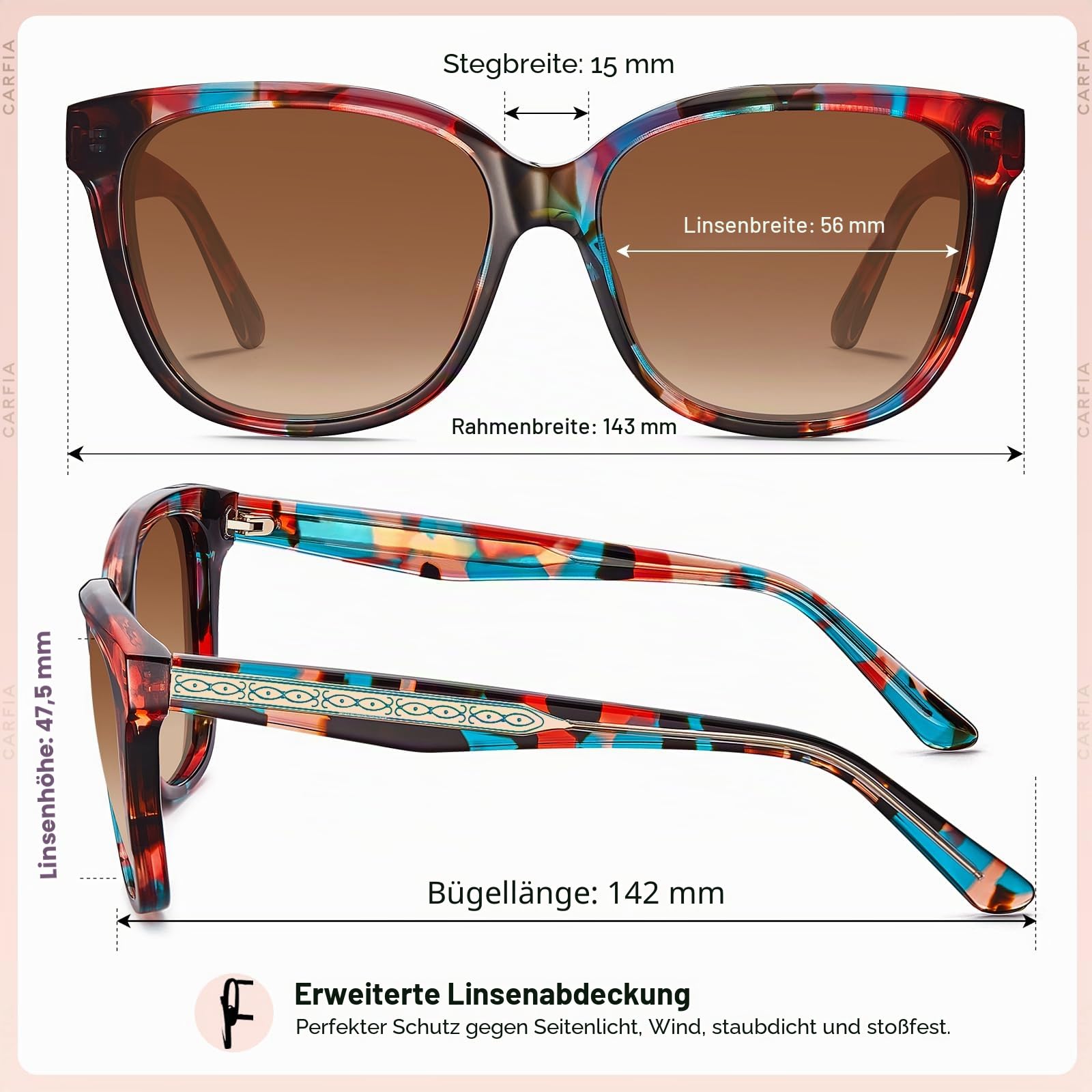 CARFIA Cateye Polarisierte Sonnenbrille Damen UV400 Schutz Retro Mode Brille mit Handgefertigtem Acetatrahmen für Outdoor-Lifestyle CA5601 | Retro Fashion Oversized Chunky Damenbrille mit handgefertigtem Acetat-Rahmen für Outdoor-Lifestyle