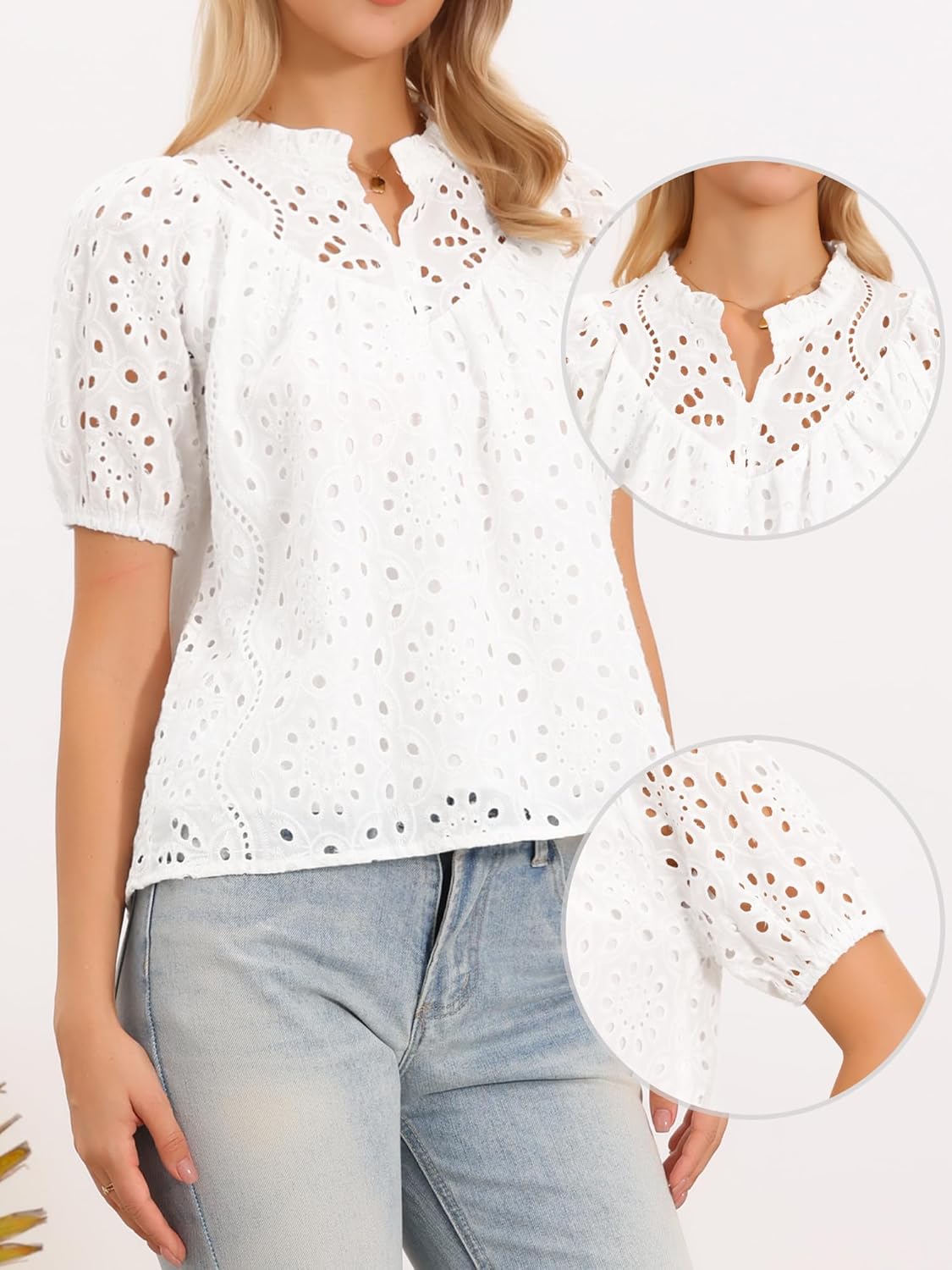Allegra K Summer Eyelet Tops for Women 2026 Puff Sleeve Embroidered Top Mock Neck Dressy Casual Cotton Shirts - Image 4