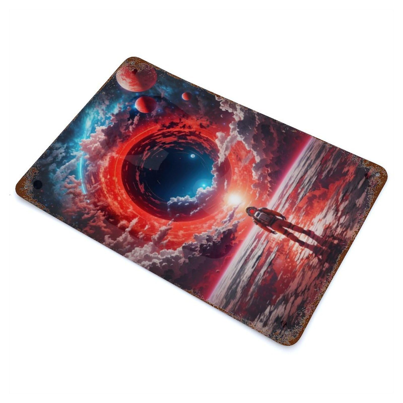 Rust Effect Black Hole Space Astronaut Rustic Tin Plaque 11.8"x7.9", Shabby Chic Decor for Basement, Hobby Room And Garage Decor