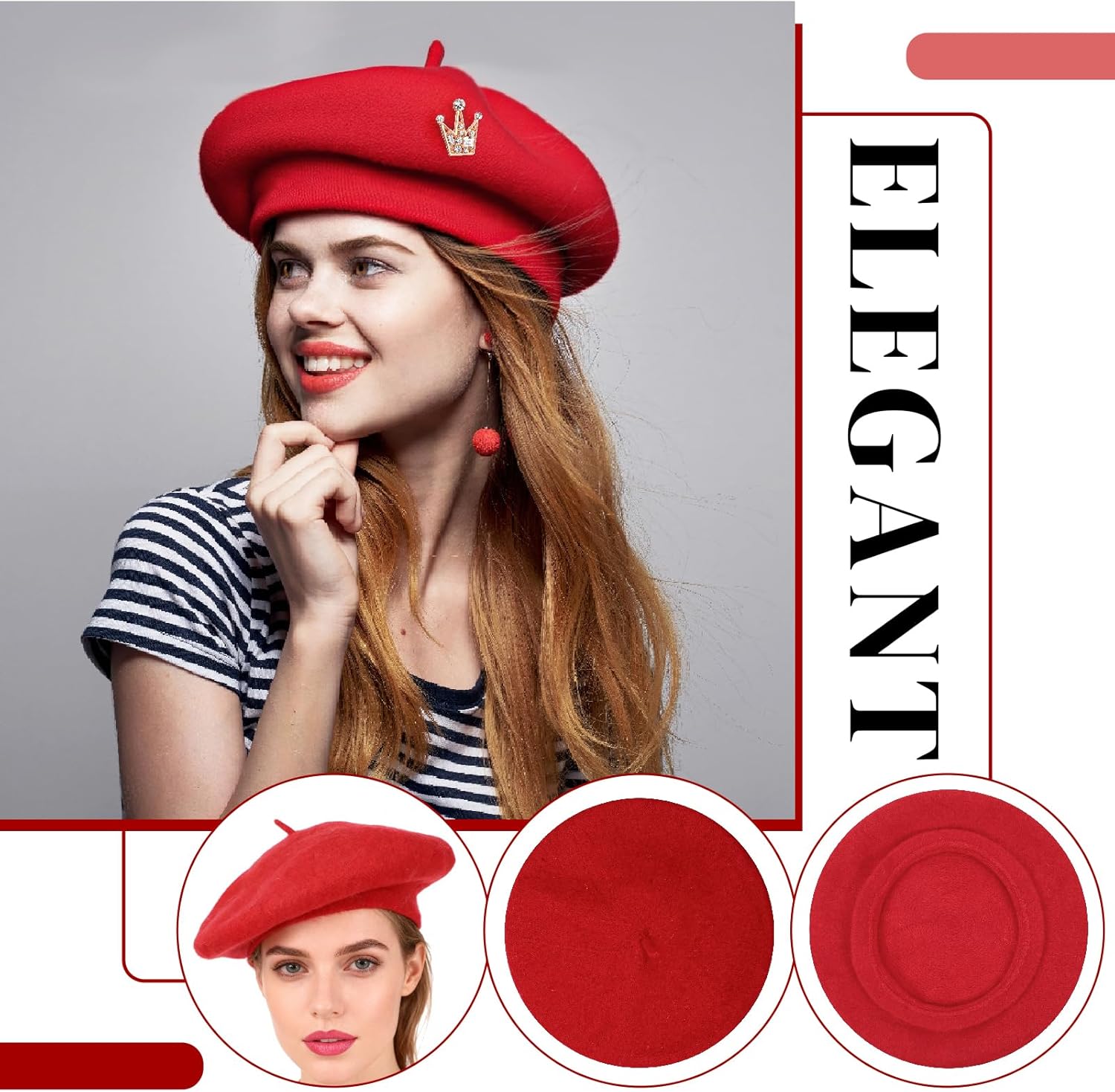 9Pcs French Beret Hat Set with Silky Scarf Brooch Solid Color Hats for Women French Themed Party - Image 3