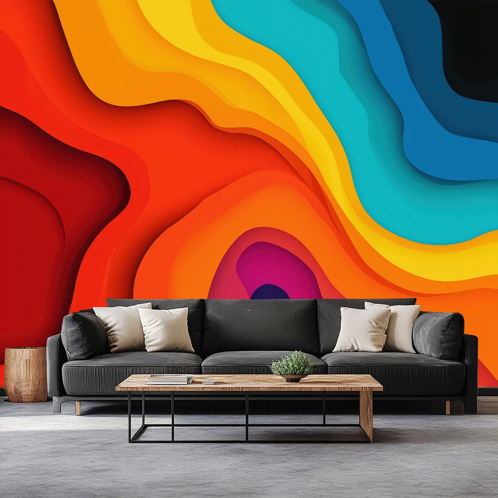 Papier peint vague colorée pour fond TV : créez un salon pop et moderne abstrait