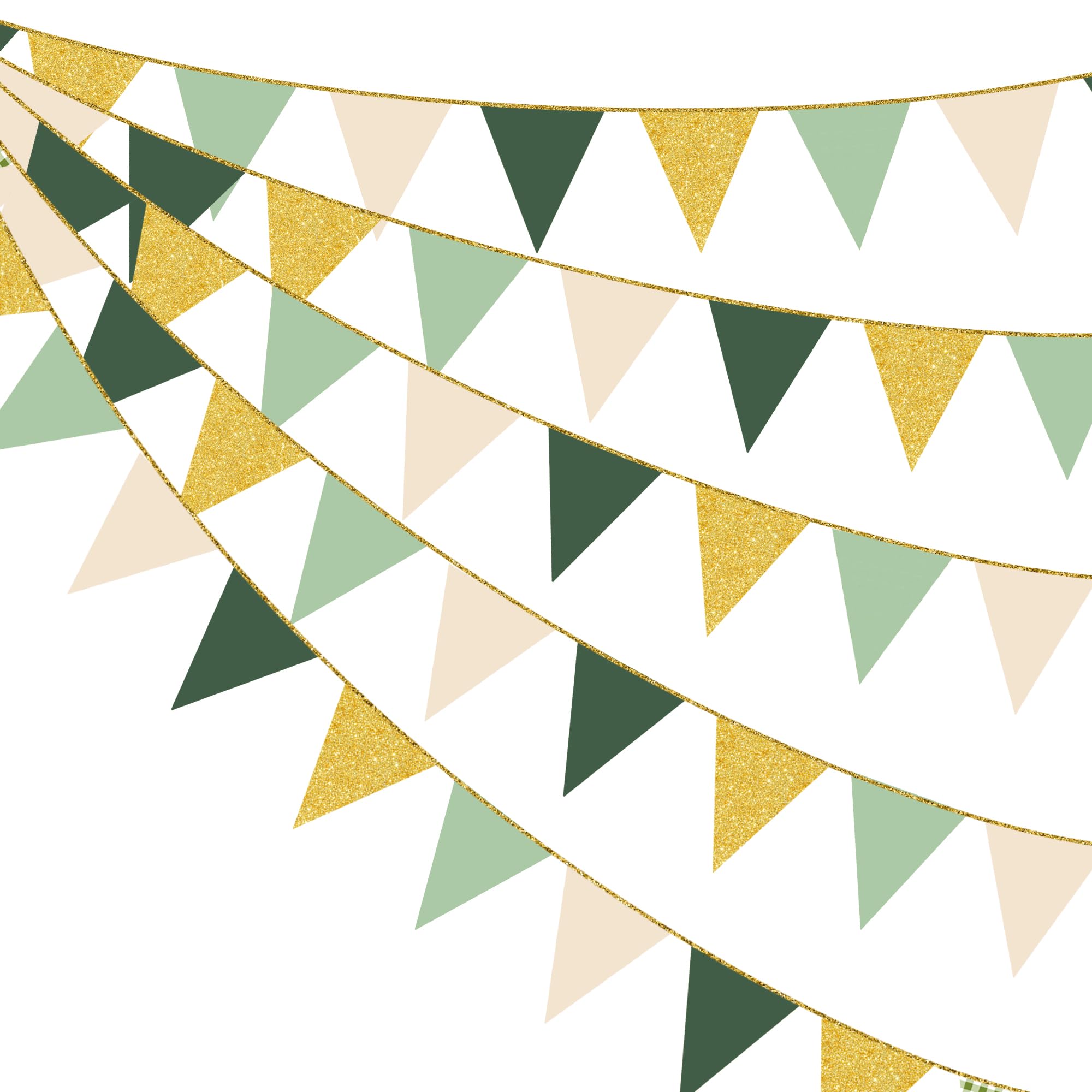 30Ft Sage Green Gold Bunting Banner Party Decorations Olive Green Beige Gold Hanging Glitter Paper Triangle Flag Pennant for Neutral Birthday Wedding Bridal Baby Shower Woodland Jungle Safari Party