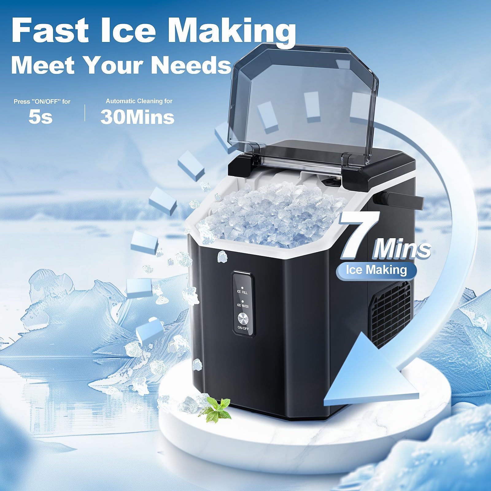 Xbeauty Nugget Ice Maker Countertop Up To 35lbs Of Ice A Day With Self-Cleaning,Stainless Steel,Removable Ice Basket&Scoop For Home/Kitchen/Office/Party,With Handle on Fridge.com - View 5