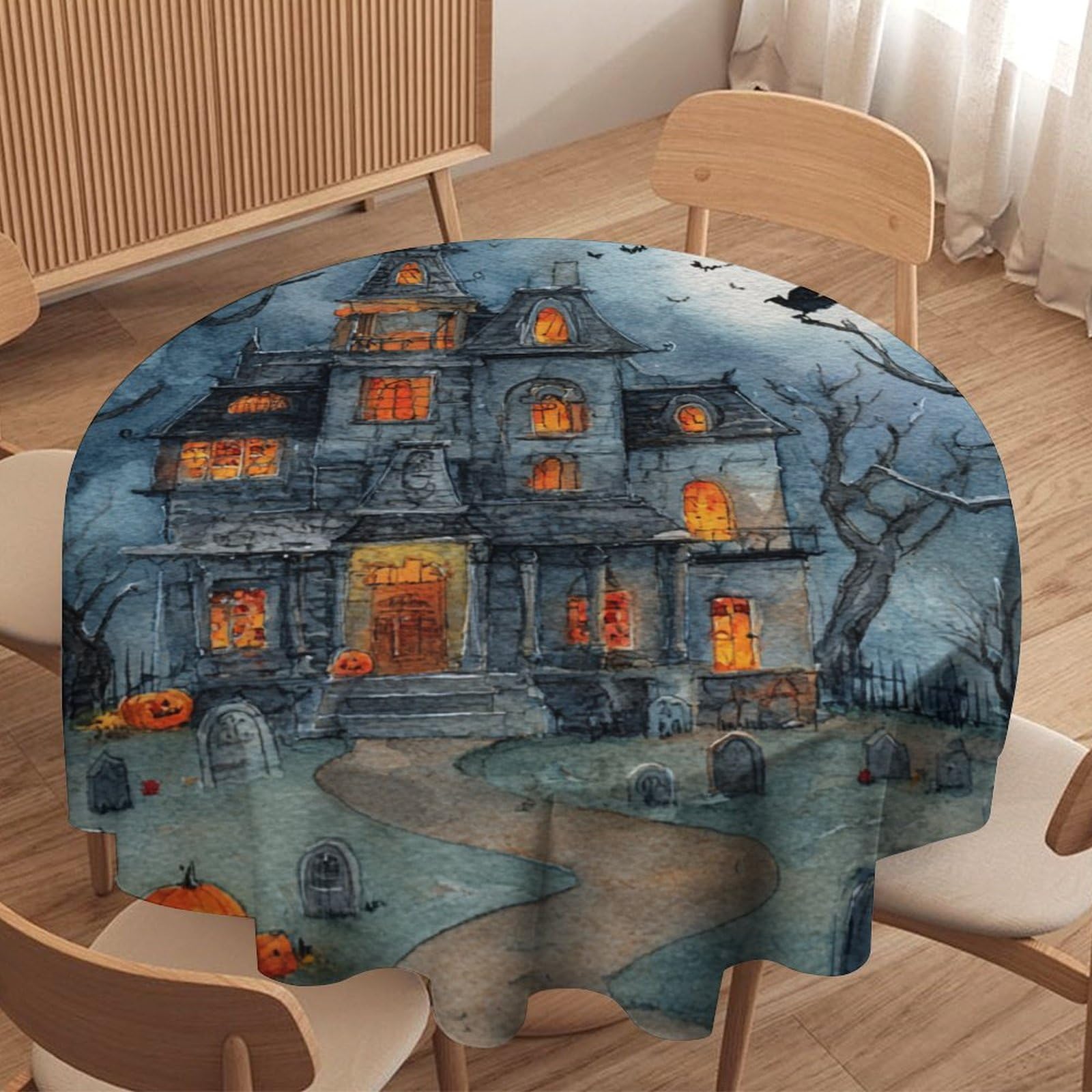 Luyysky Anime Watercolor Horrow House Waterproof Round Tablecloth Mid Century Gothic Halloween Full Moon Animals Crows Pumpkins Washable Table Cover For Kitchen-127 Wx127 L Cm