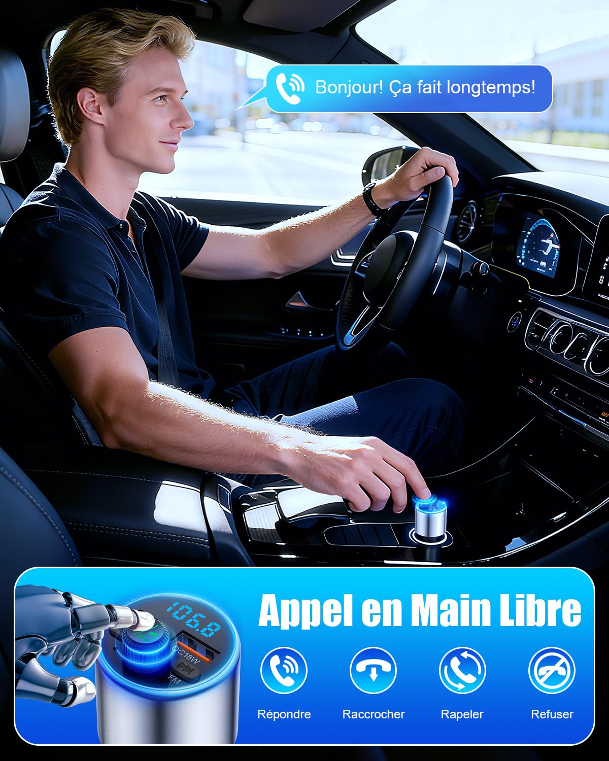 Transmetteur FM Bluetooth Voiture – Bluetooth 5.3, Charge Rapide PD36W+QC3.0, Affichage Tension – Main Libre, Musique - 12