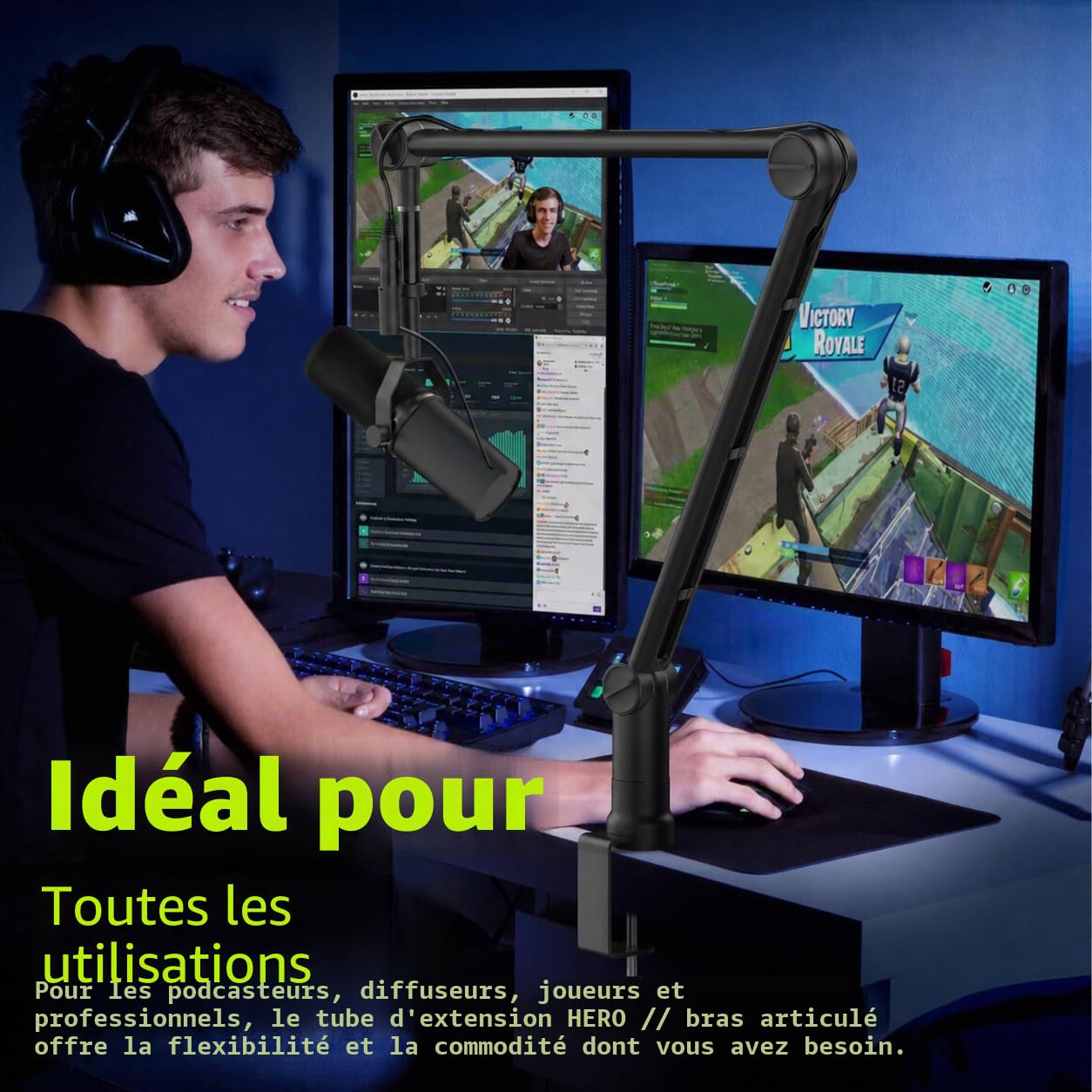 IXTECH Support de micro avec tube d'extension amélioré pour Shure SM7B MV7 Blue Yeti - Bras de microphone robuste en acier inoxydable - Support de bureau pliable pour podcast et jeux