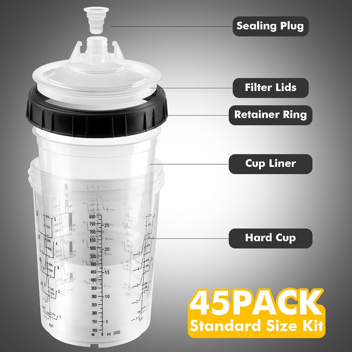 Disposable Paint Spray Gun Cups 28 Ounce(800ML)，45 Disposable Paint Cup with Lids, 1 Hard Cup with Retainer Ring, 20 Plugs & 1 Stirrer for HVLP/LVLP Guns
