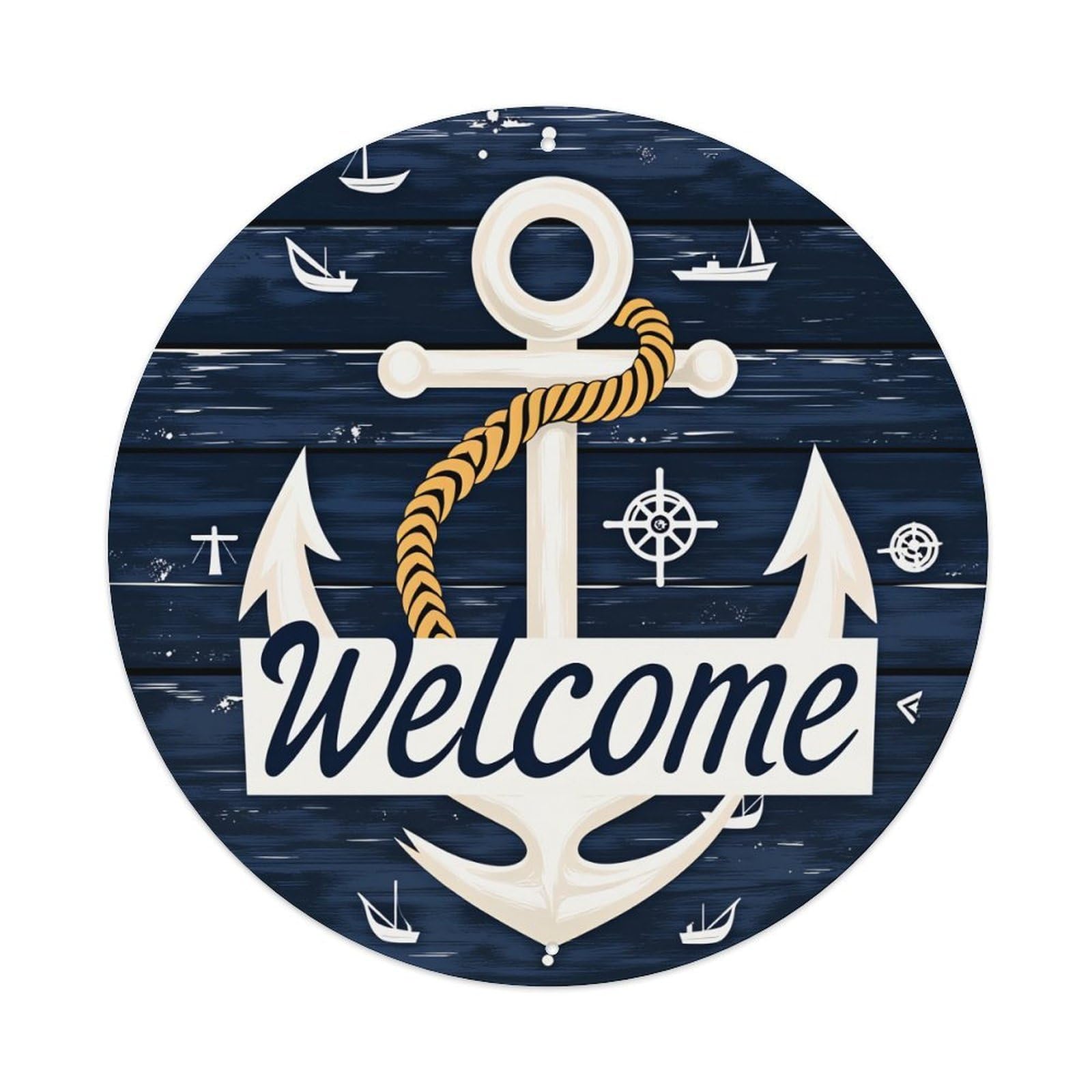 Nautical Anchor Rope Sailboat Welcome Round Tin Sign Vintage Metal Poster Retro Bar, Home, Man Cave, Kitchen, Laundry Room Wall Art Decor Gift 8x8In