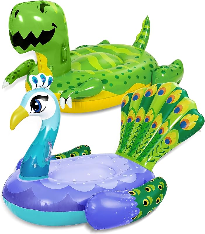 2-Pack Inflatable Dinosaur & Peacock Pool Floats Set, Fun Beach Floaties for Swim Party Decorations Toys, Inflatable Island, Summer Pool Raft Lounge Ride On for Adults Kids