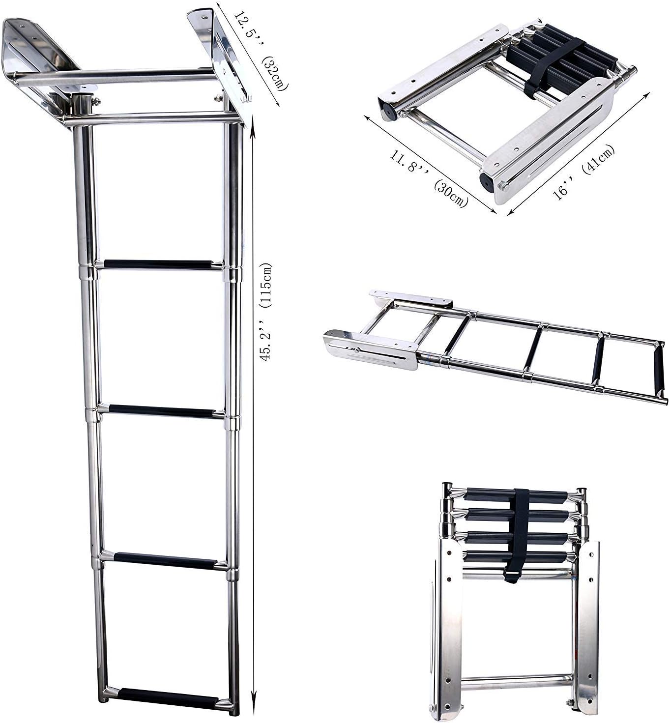 Stainless Steel Telescopic 4 Step Pontoon Boat Ladder, Extendable Dive Ladder for Pontoon, Max. Load 600 Pound Capacity Marine Telescoping Slide Ladder for Boat Yacht