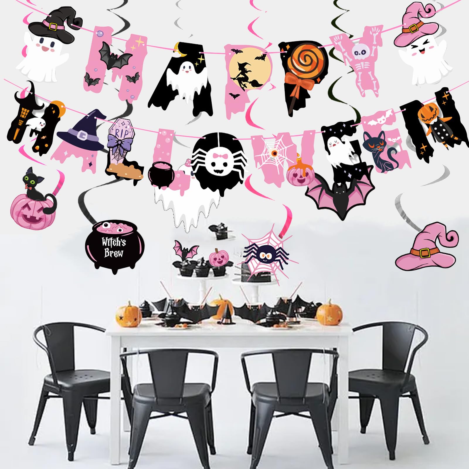 Kit Décoration Halloween FOSDICK – Banderole, Tourbillons Suspendus, Cake Toppers (citrouille, Chauve-souris, Araignée) – Pour Intérieur Et Extérieur - 8