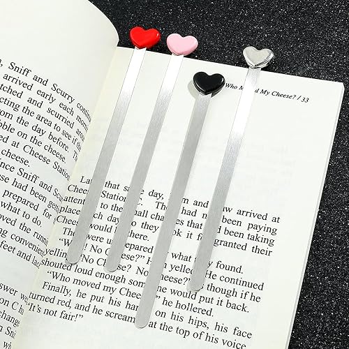 Miniatura 5 de Juego de 4 marcapáginas de metal, lindo corazón pequeño en 3D encantador, de acero inoxidable plateado, páginas cuadradas para regalos amantes de