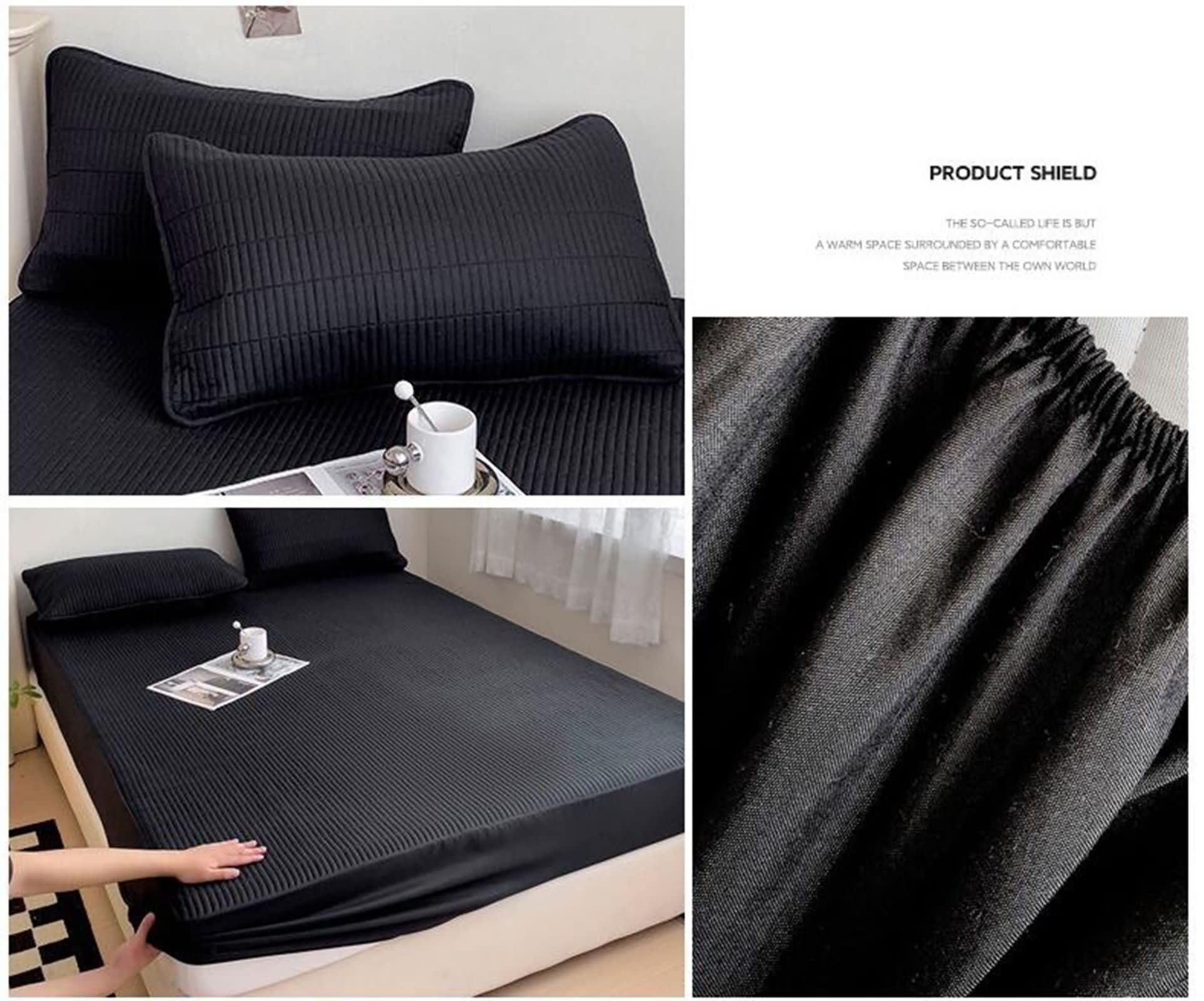 Set 3teilig Elastisches Spannbettlaken aus Baumwolle für Boxspringbett, Einfarbig, 120 x 200 cm + 2 Kissenbezüge, Spannbetttuch Schwarz
