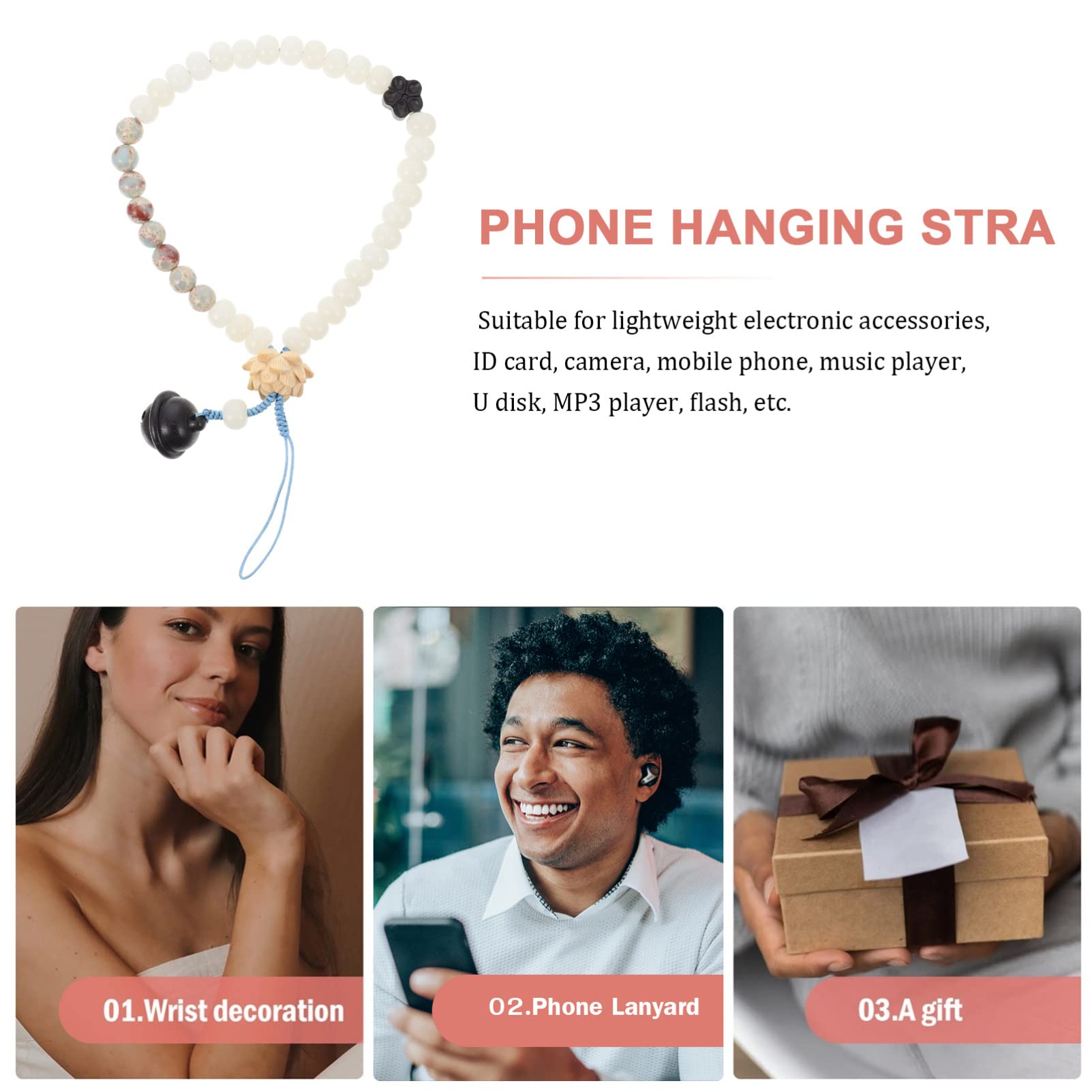 Artibetter Ciondolo a Catena Per Cellulare Per Telefono Perle Di Smeraldo Cordino Per Telefono Con Perline Telefono Retrò Da Polso Per Cellulare Bianca