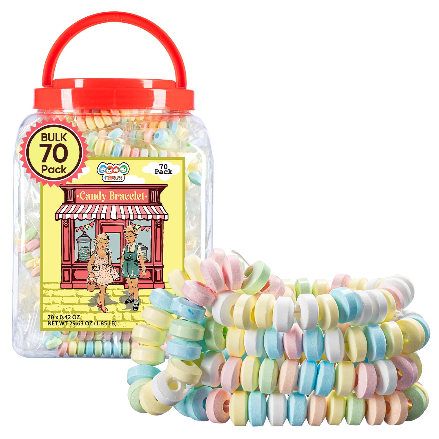 70 Candy Bracelets Individually Wrapped, Stretchable Vintage Candy Jewelry for Kids, The Perfect Pastel Addition to your Candy Buffet, Princess-Themed Party or Goody Bags, by 4YoreElves, Pack of 70 x 0.42oz