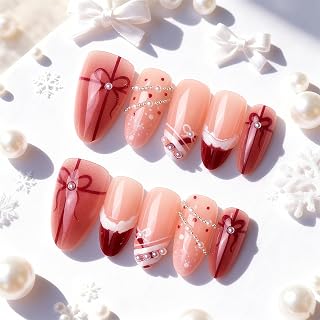 30Pcs Christmas Handmade Press on Nails Medium Almond Fake Nails with 3D Pearl Rhinestone French Tip False Nails Xmas Bow Snow Artificial Nail Full Cover New Year Glue on Nails for Women