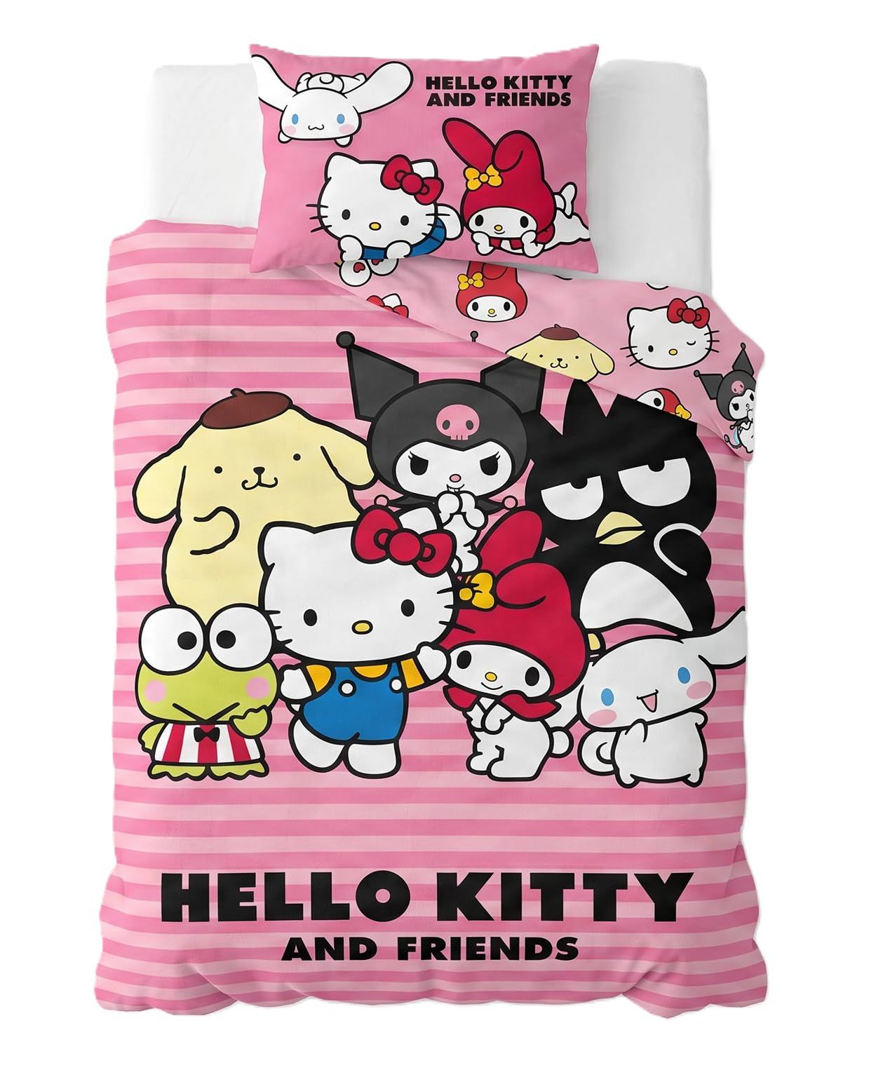 Hello Kitty Kids Bedding Set | Duvet Cover 140x200 cm + Pillowcase 50x70 cm, 100% Cotton | Official Sanrio Soft Breathable Children’s Bed Linen | Cute Hello Kitty Bedroom Set, Kitty & Friends - Pink — image 1