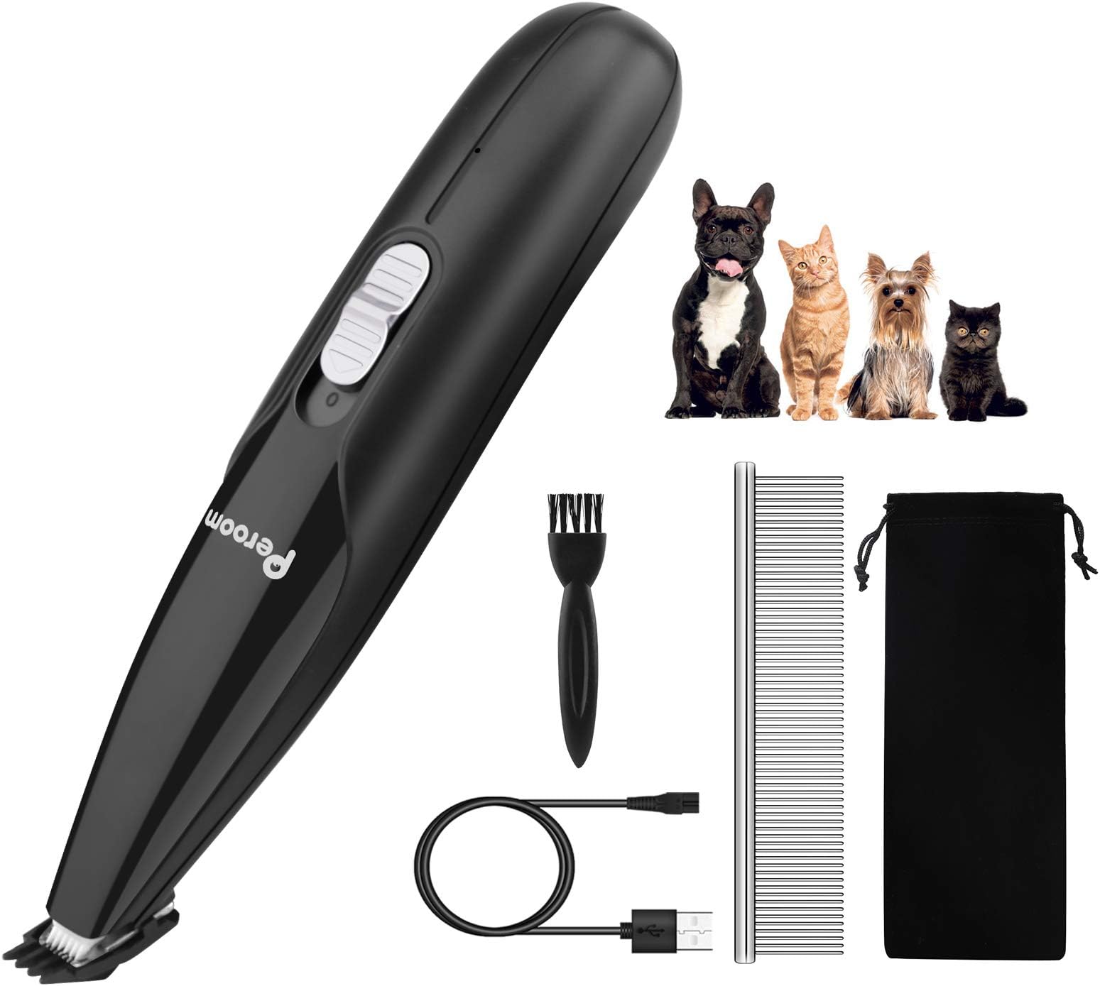 Peroom Dog Clippers, Professional 2-Speed Dog Grooming Clippers Kit, USB Rechargeable Low Noise Cordless Electric Pet Clippers for Small Dogs and Cats Hair Around Face, Paws, Eyes, Ears, Rump