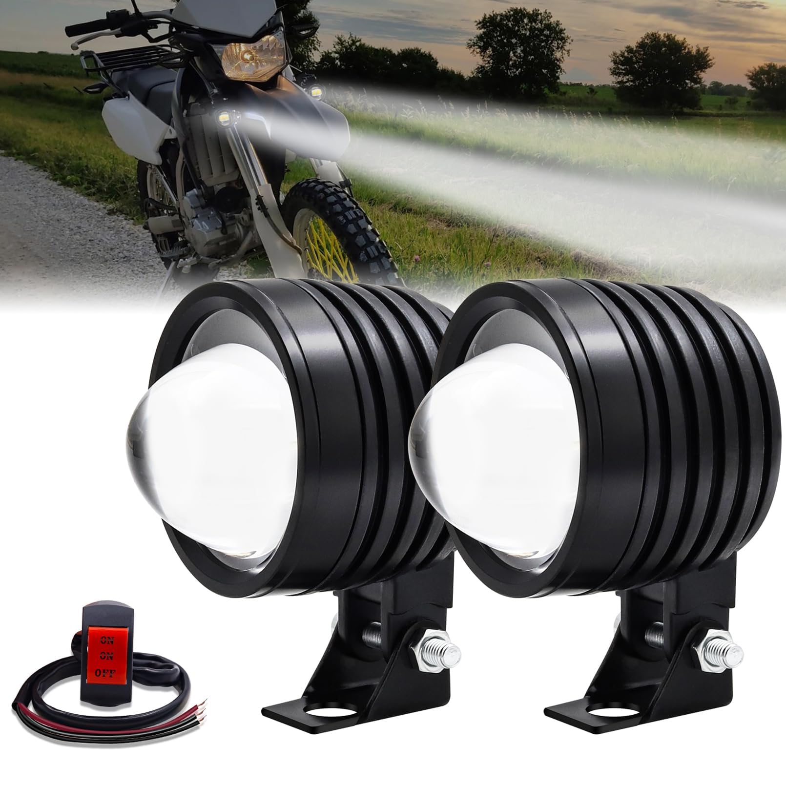 Ygmylandbb バイク フォグランプ led 補助灯 led スポットライト 「カットライン入るタイプ」 LEDチップ搭載 DC12V 明るい ON/OFFスイッチ付 汎用 丸型 2個セット (ホワイトアンバー)