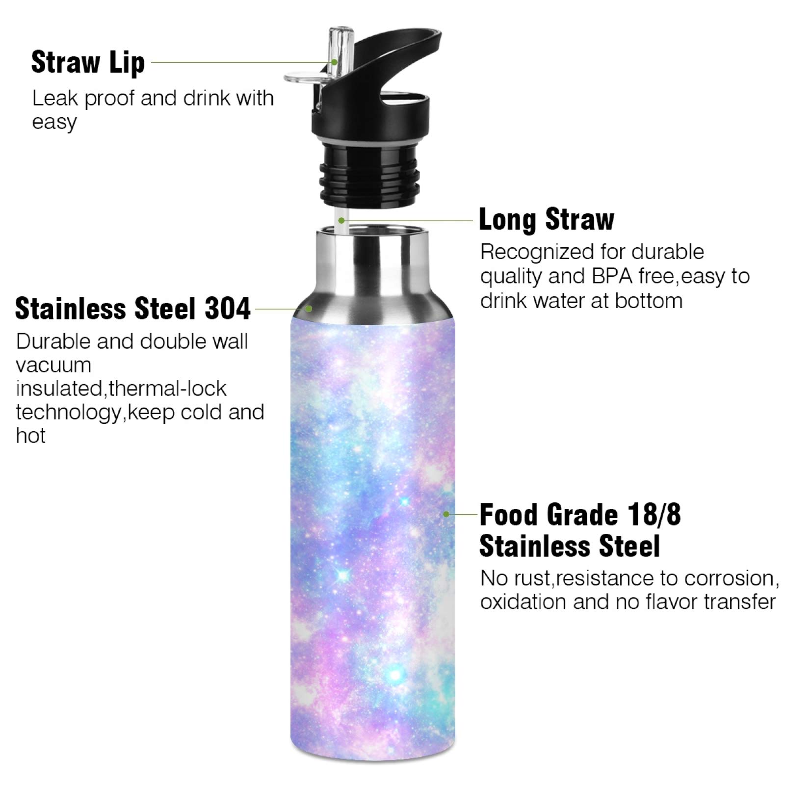 Galaxy Rainbow Star Tie Dye Sport-Wasserflasche mit Strohhalm, vakuumisolierte Edelstahl-Thermoflasche, auslaufsicher, BPA-frei, Trinkflasche für Fitnessstudio, Fitness, Camping, 600 ml