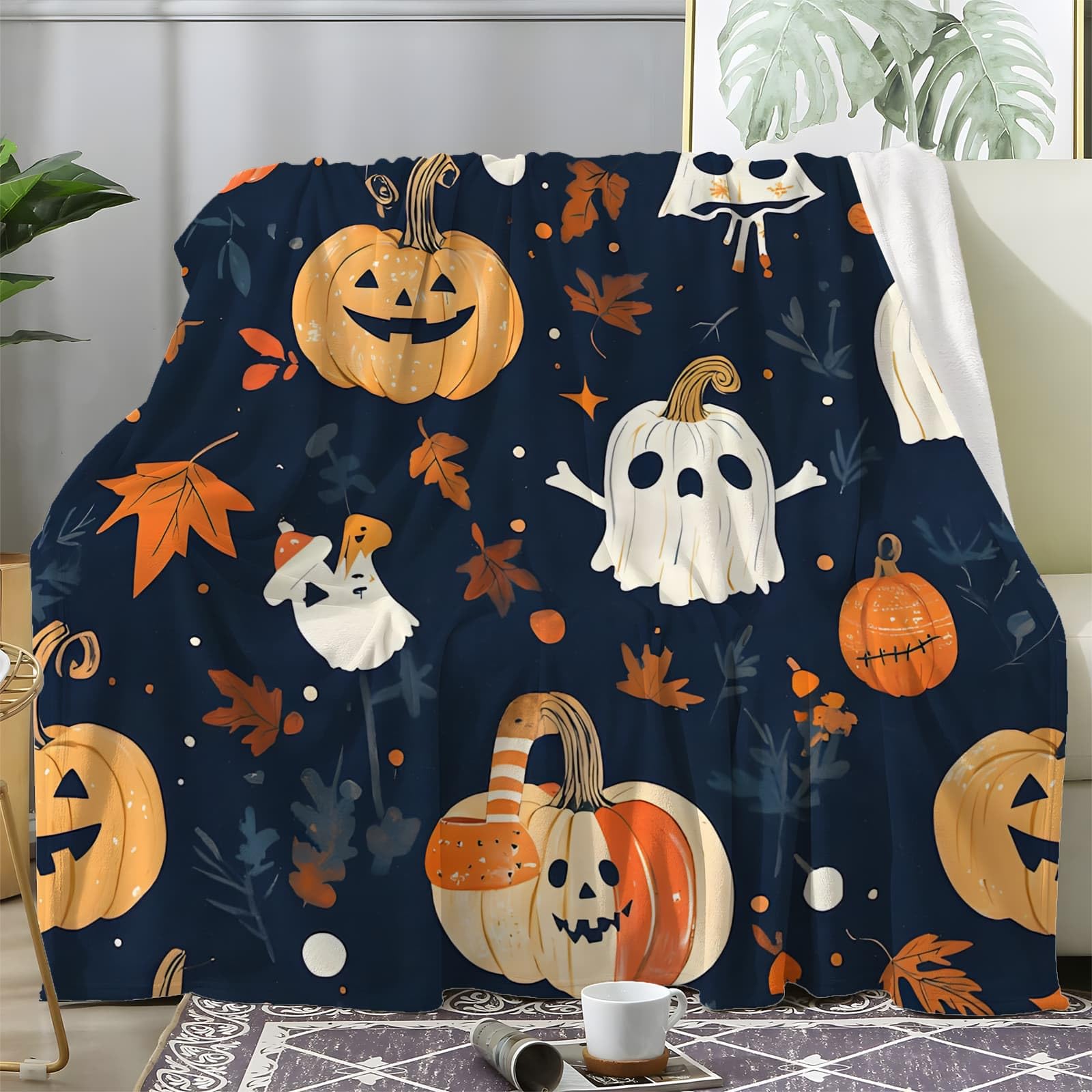 Plaid polaire Halloween 230x270 cm et jeté de canapé en flanelle motif citrouille fantôme