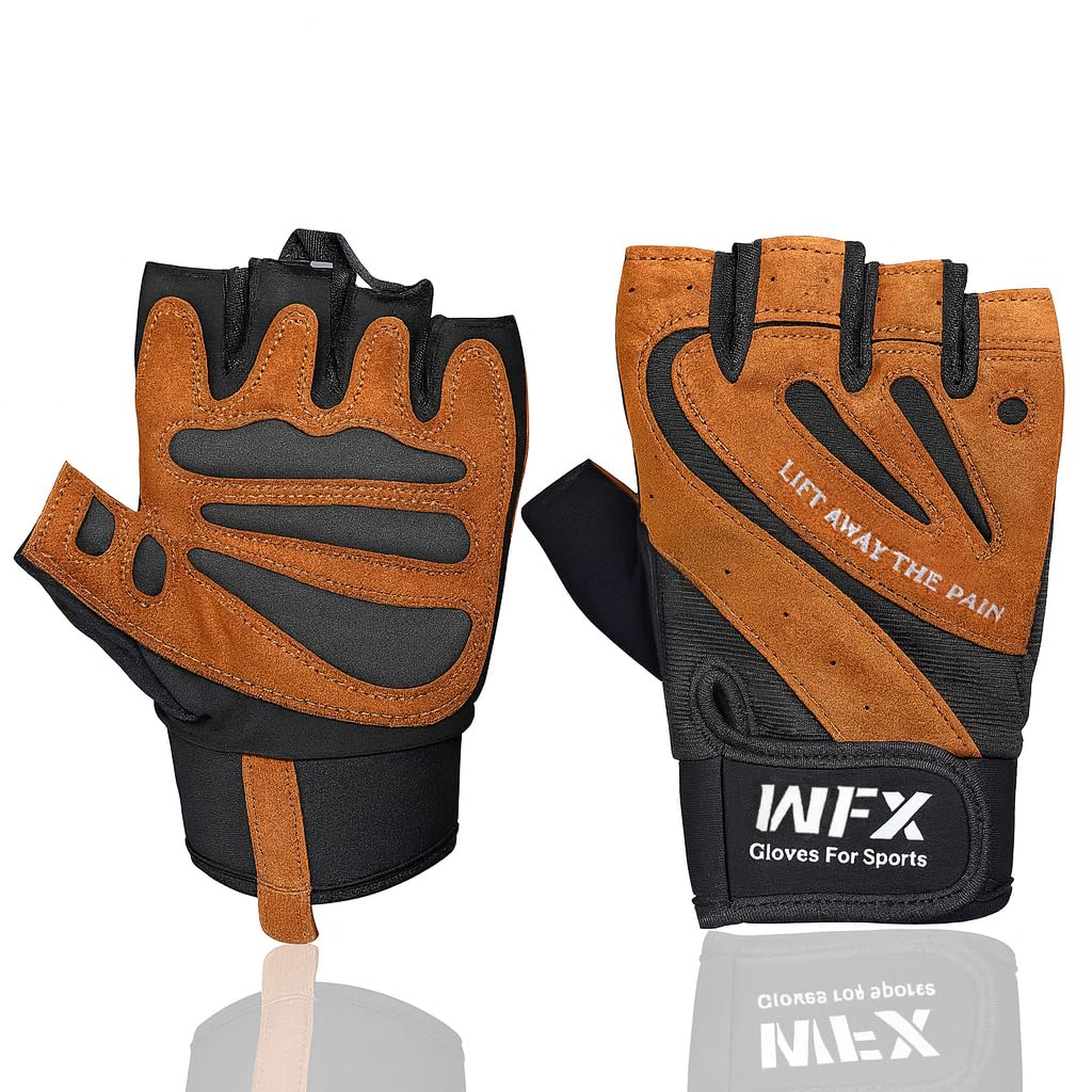 WFX Weightlifting Gym Gloves Fitness Workout with Wrist Wrap Support, Non-Slip Grip, Breathable, Padded Palm Protection Training Gloves for Men & Women, Ideal for Gym (Black-Brown, S)