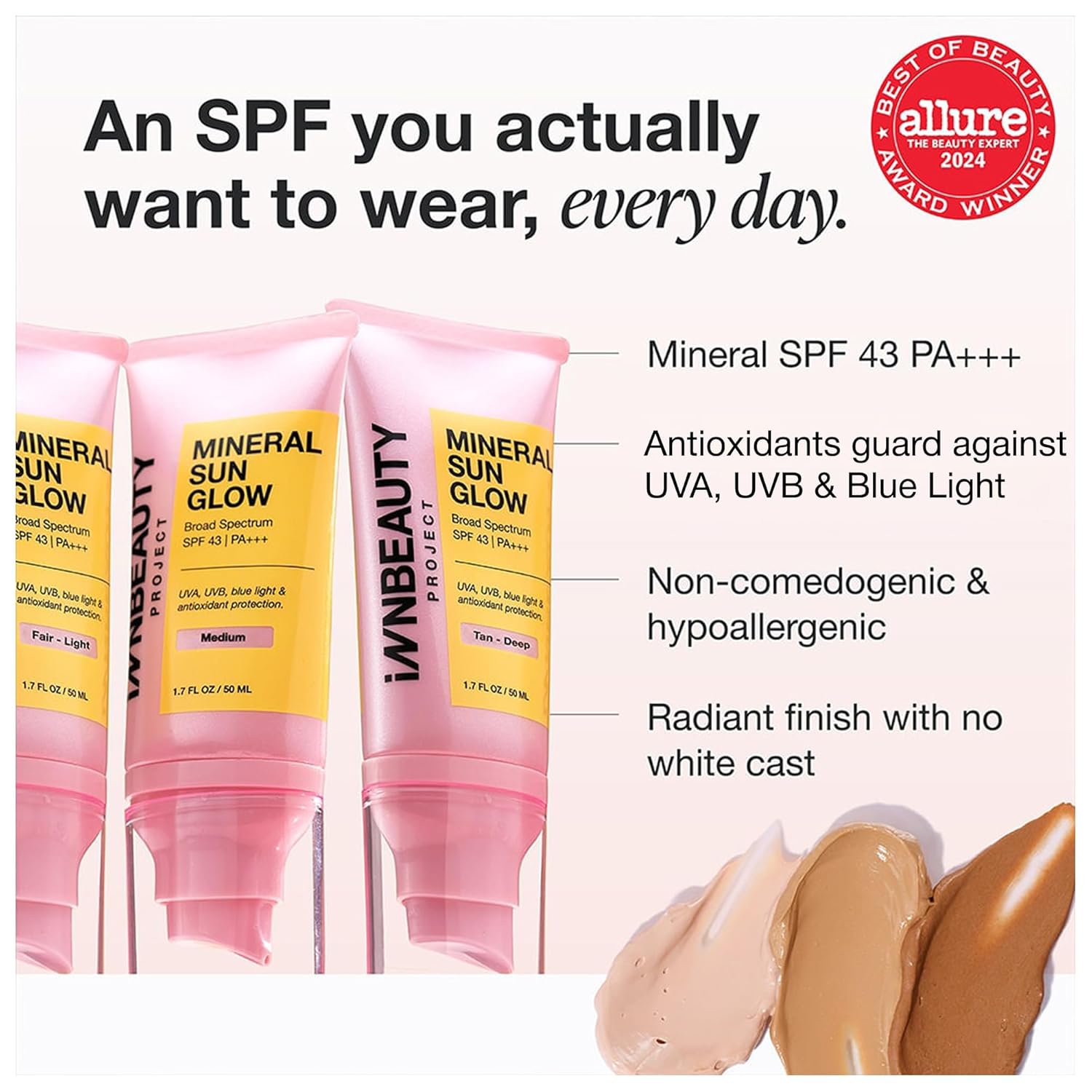 INNBEAUTY PROJECT Mineral Sun Glow Broad Spectrum Sunscreen SPF 43 PA+++ with Peptides, Medium Tint, 1.7 OZ (50ml) - Image 2
