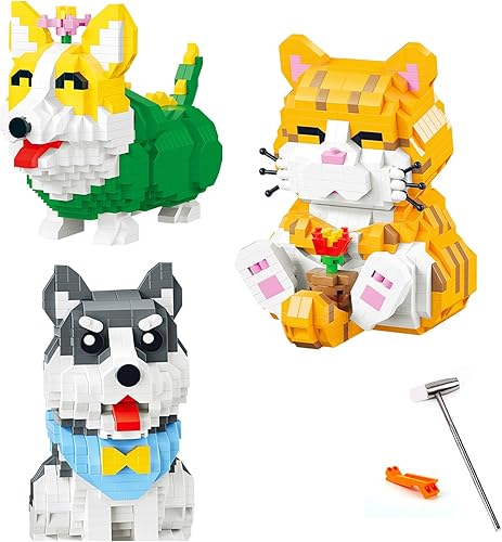 3 paquetes de juguetes de construcción de micro ladrillos, gato naranja y corgi y huskies, mini bloques de construcción lindos animales, registro de