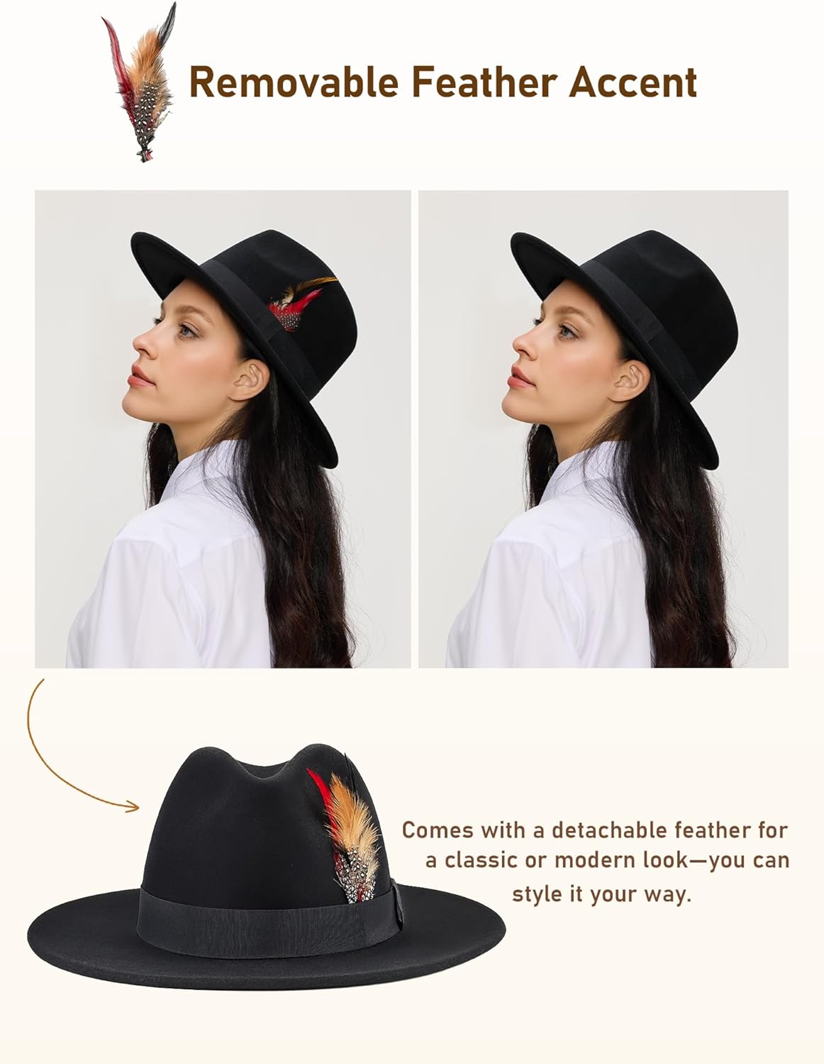 Fedora Hats for Women, Wool Felt Wide Brim Panama Style with Band, Adjustable Drawstring Fit, Dress Church Hat for Men - Image 5