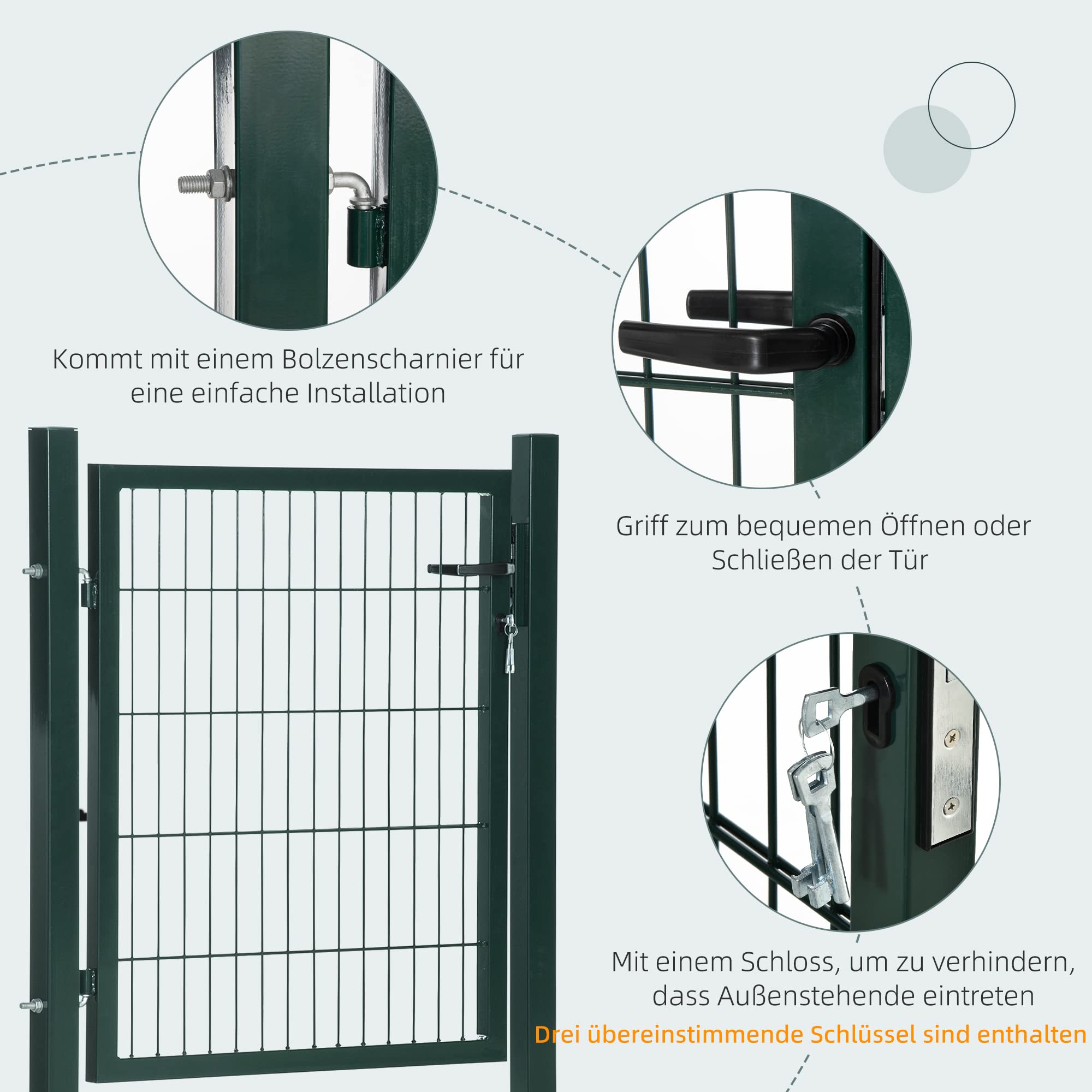 HOMCOM Puerta de jardín Puerta de valla de acero Puerta de patio Manivela Cerradura y llaves 97 x 150 cm Verde | Puerta de valla, puerta de patio, con llaves
