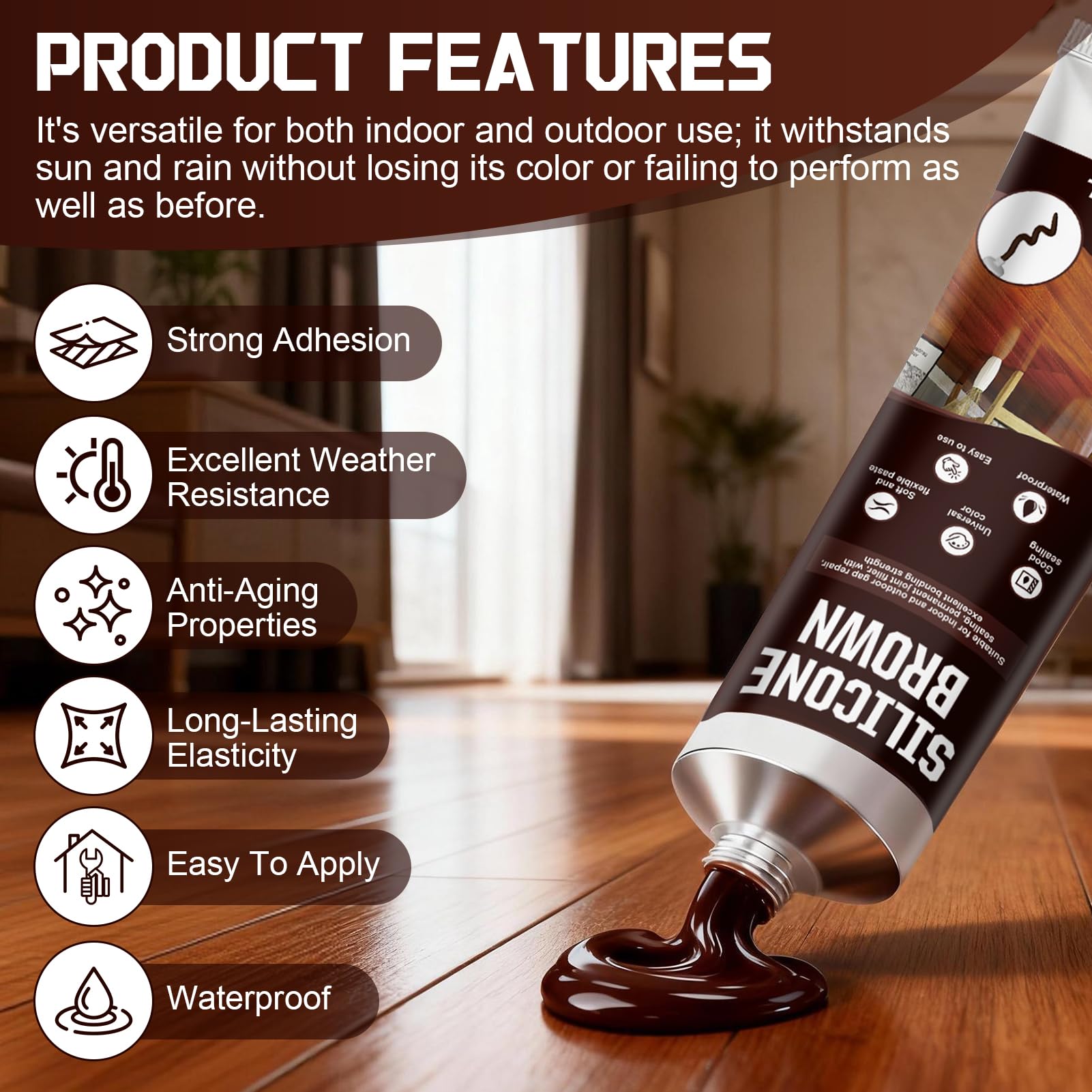 Silicone Marrone per Legno, Silicone Esterno per Infiltrazioni, silicone Marrone, Alte Temperature Impermeabile e Resistente Ai Raggi Uv per Giunti e Crepe, Davanzali, Porte, 100ml