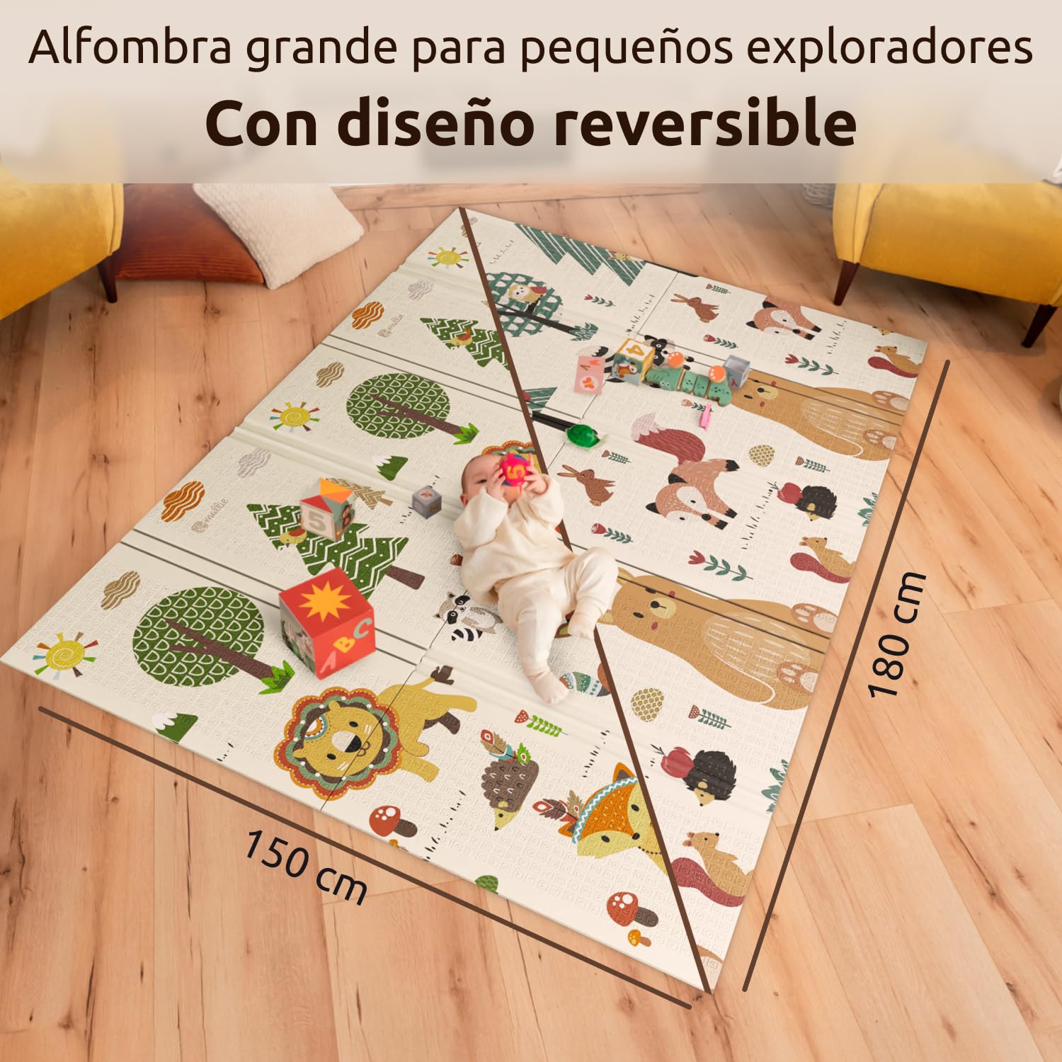 Mallie® Alfombra Bebe Acolchada Plegable 180 x 150 CM XXL [Capa Antirayaduras] | Tapete Bebe, Colchoneta Bebe Suelo, Alfombra Infantil para Juegos Bebe, Suelo Bebes Acolchado, Manta Juegos Bebe