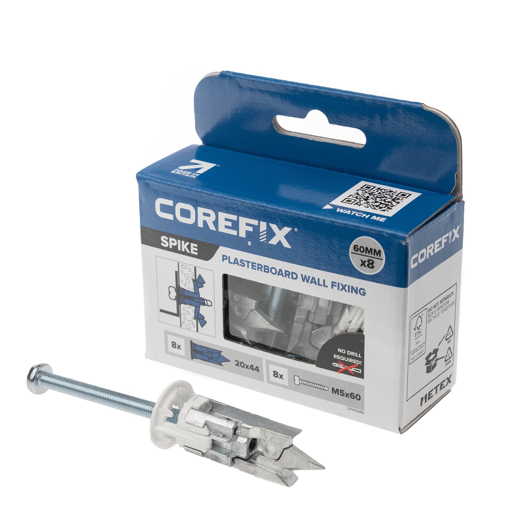 Spike Heavy Duty Plasterboard Fixings 8 Pack, DIY Kit with M5x60mm Screws. Easy to Install with NO Drill Required. Drywall Anchor, Wall Plug Alternative Suitable for All Plasterboard Types.