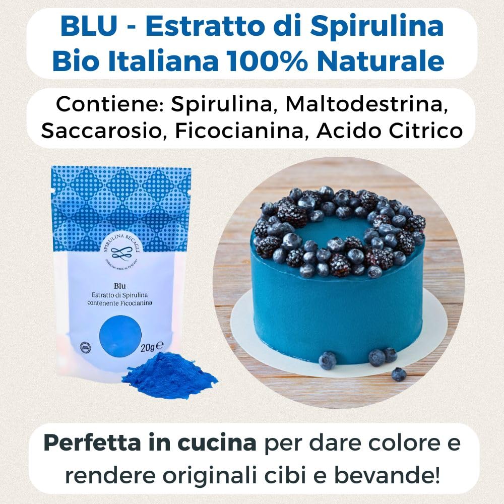 Spirulina Becagli - Spirulina Blu Bio in Polvere 20 g, Colorante Alimentare Senza Glutine Made in Italy con Ficocianina, Vitamine e Proteine Vegane per Difese Immunitarie - Effetto Detox