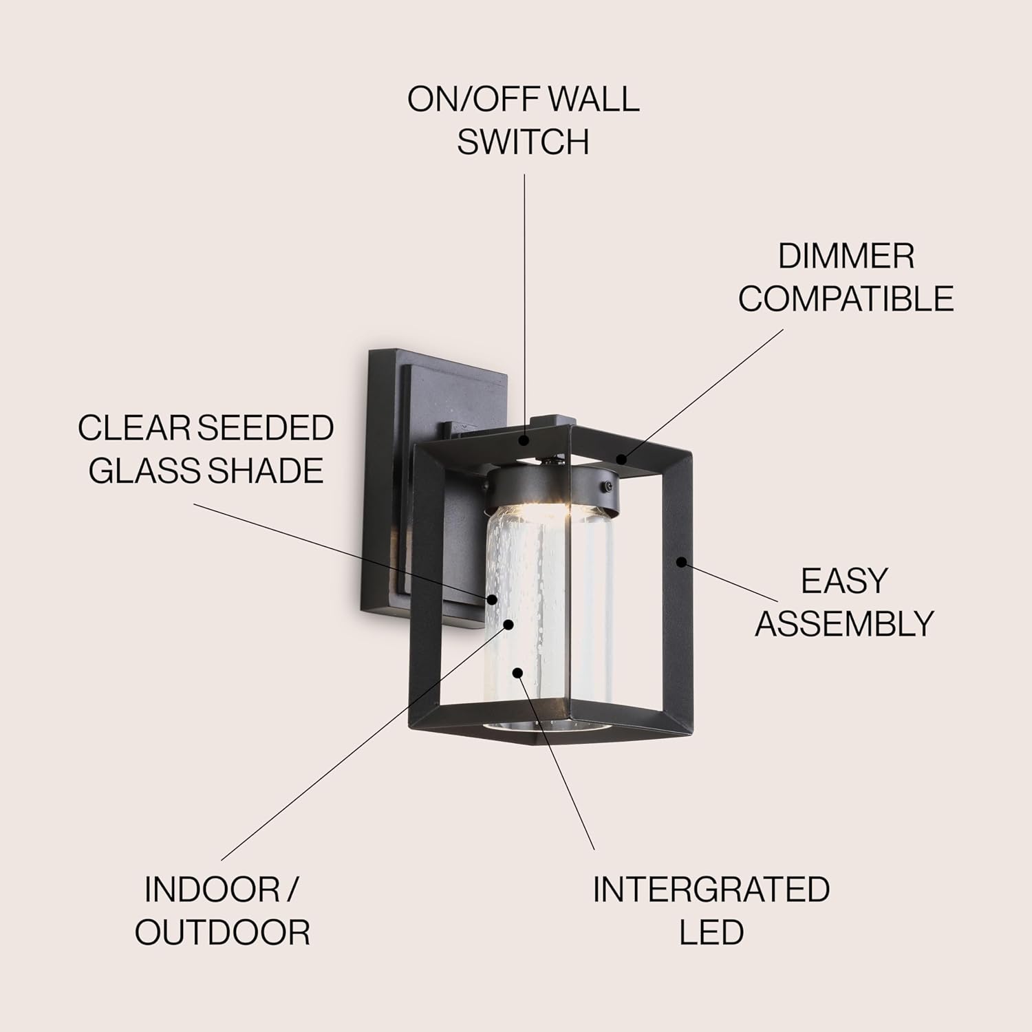JONATHAN Y 9.75" Black 1-Light Iron and Seeded Glass Outdoor Wall Sconce, Modern Cube Design for Entryway Porch or Patio, Farmhouse Industrial, ETL Listed, Integrated LED JYL7448A